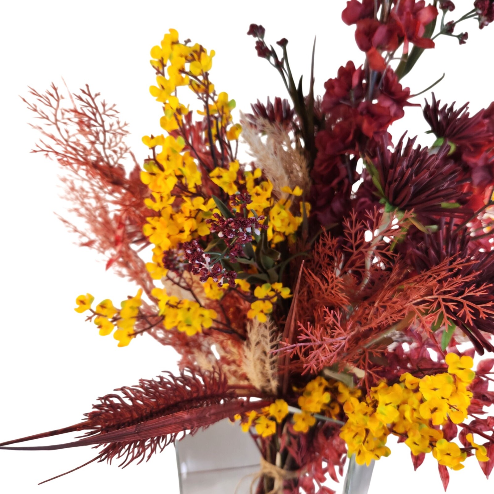 Hand Tied Artificial Flower Bouquet With Dark Reds and Yellow Wildflower mixture