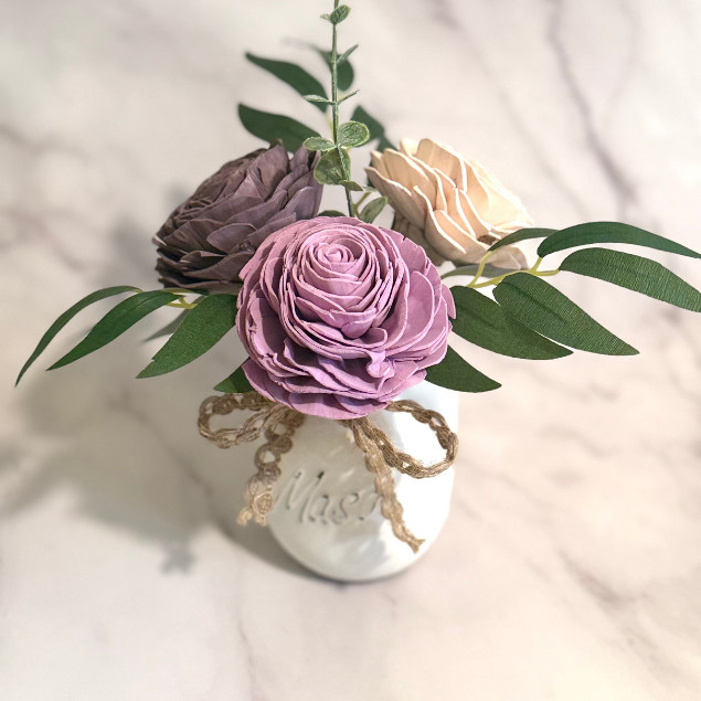 Sola Wood Flower Centerpiece Purple Ivory Rose Mason Jar Arrangement Home Decor