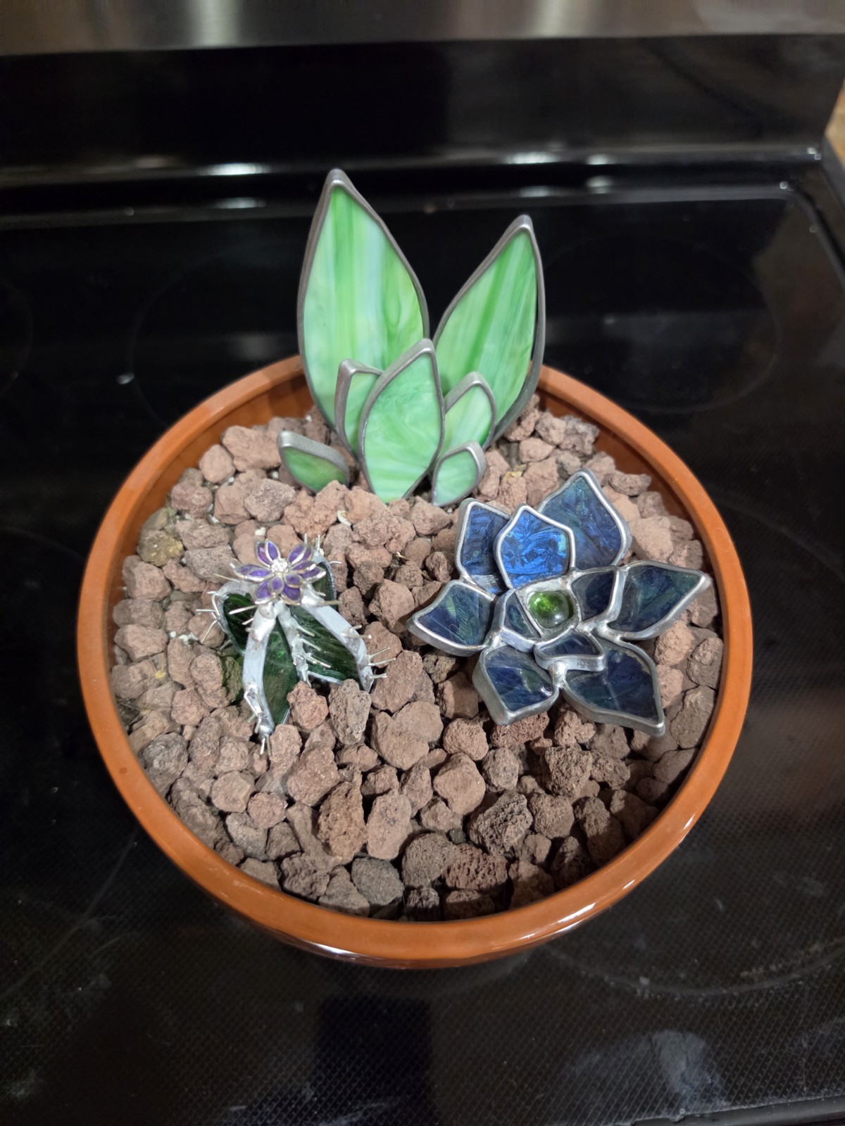 Artificial Succulent & Cactus Stained Glass Style Planter Arrangement