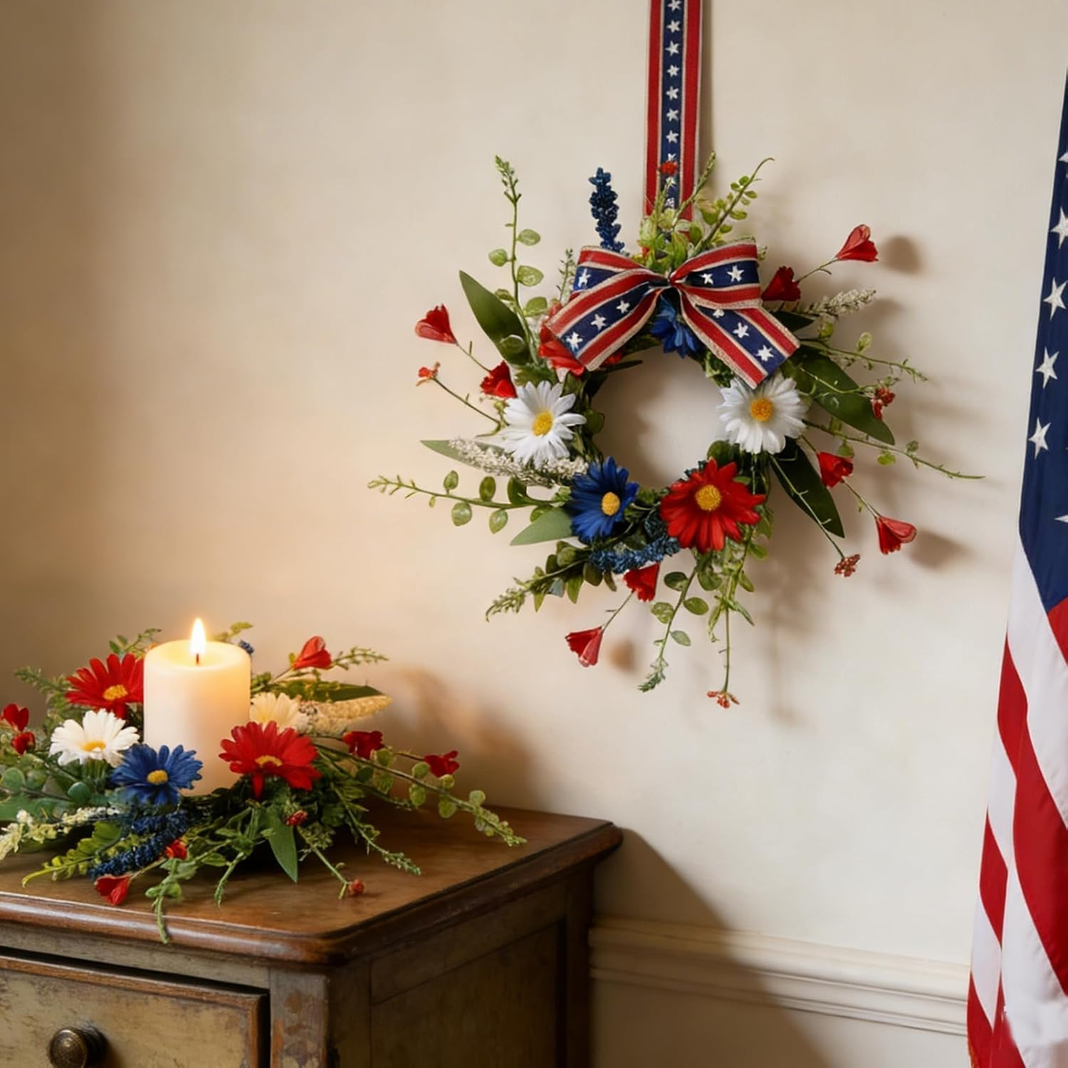 4 PCS Patriotic American Candle Rings Wreaths Artificial 4th of July Floral Cand
