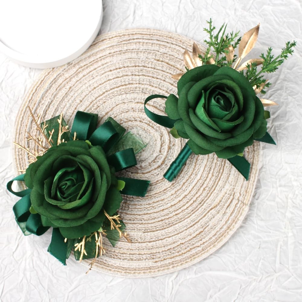 Green Rose Wrist Corsage Wristlet and Boutonniere Set for Prom Decoration 2 PCS