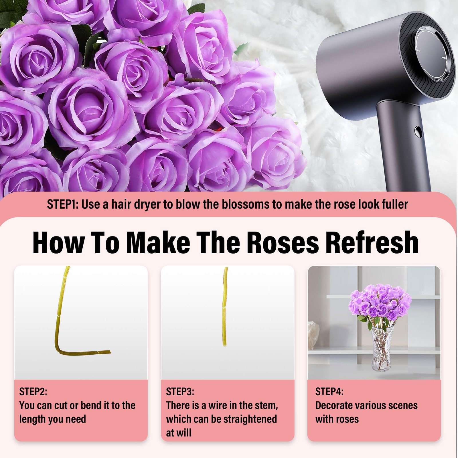 20PCS Artificial Roses with Long Stems – Realistic Silk Flowers, Fake Roses R…