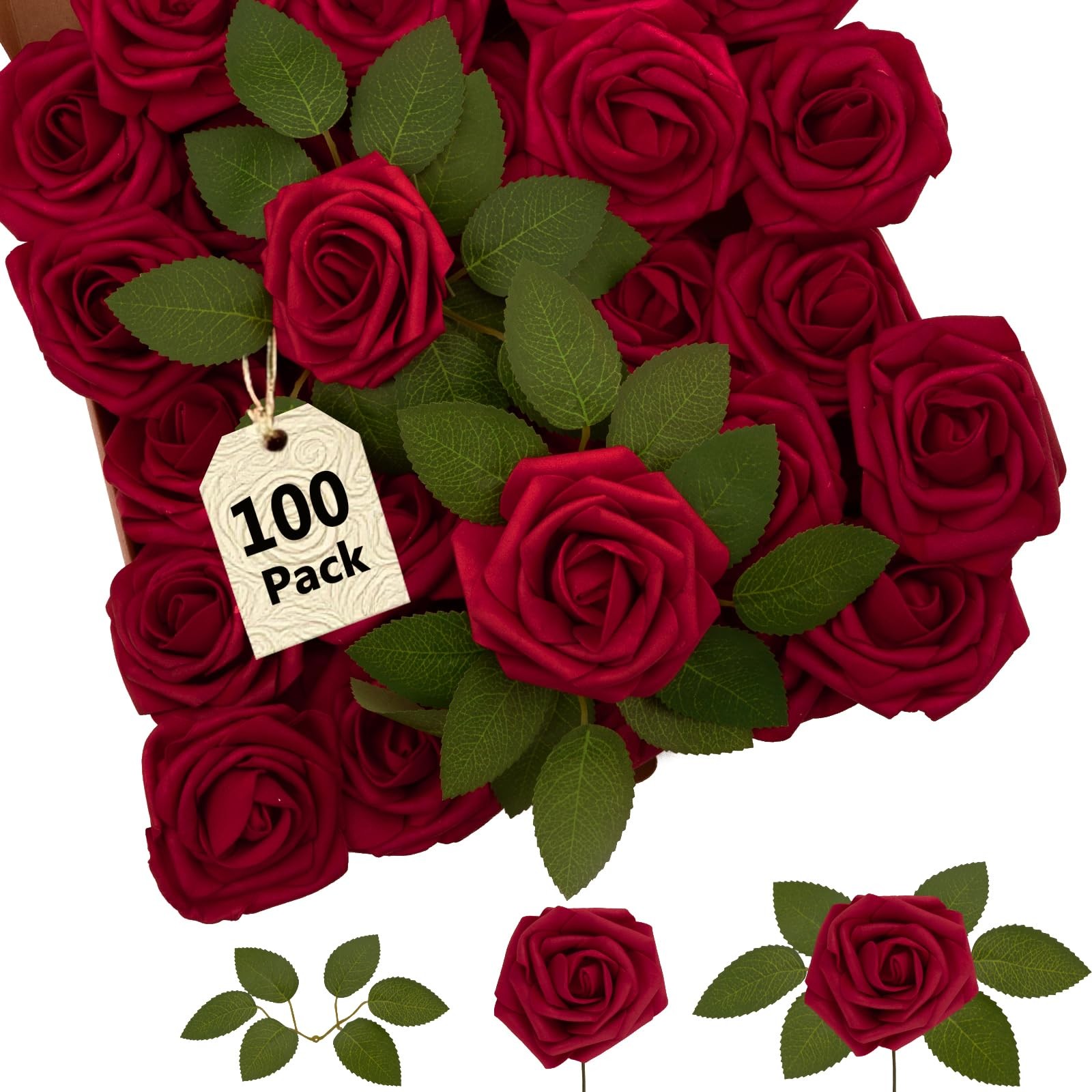 100Pcs Artificial Flowers Red Foam Fake Roses Bulk with Stems, Valentines Gif…