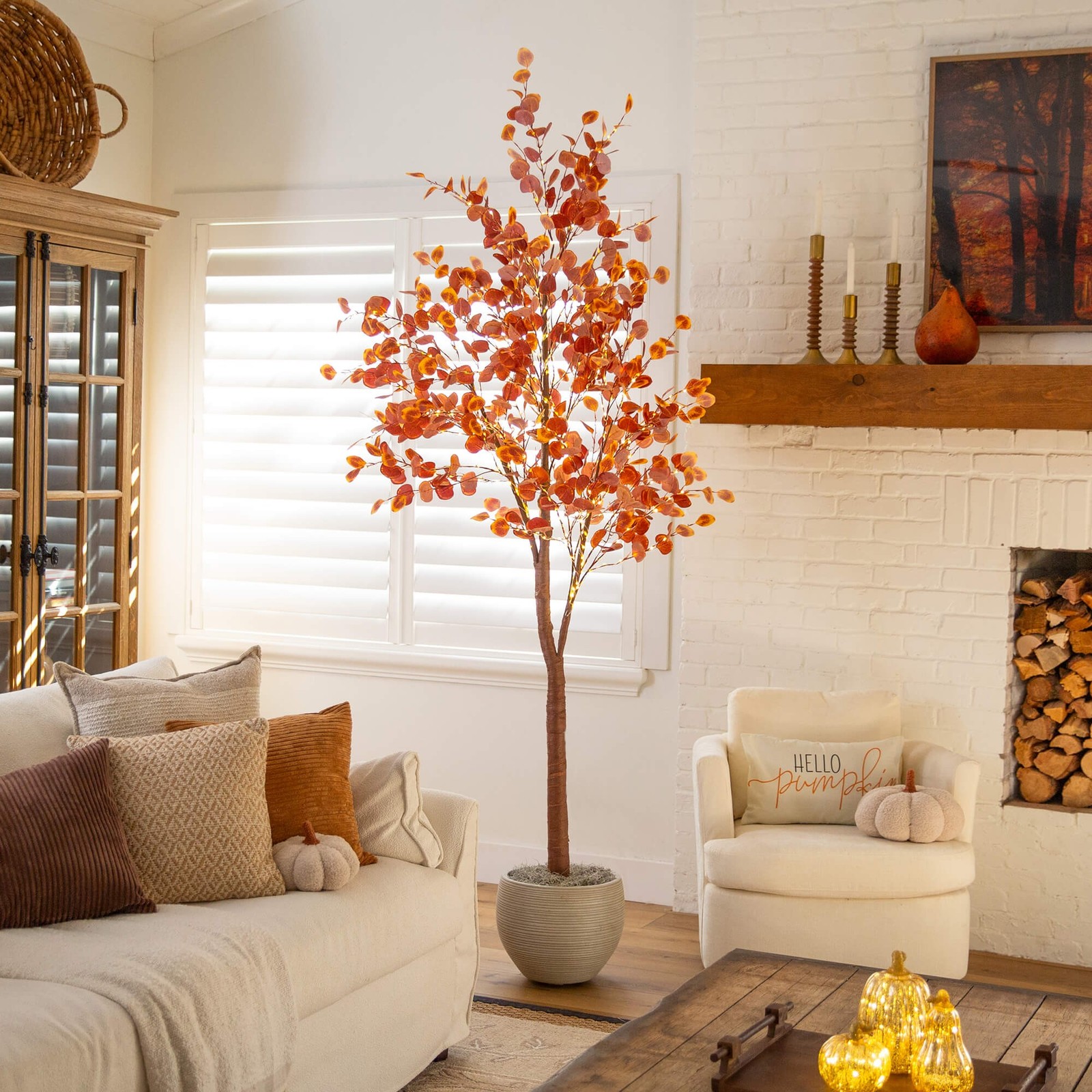 Nearly Natural 8ft Pre-Lit Grand Autumn Eucalyptus FallTree w/540 Warm White LED