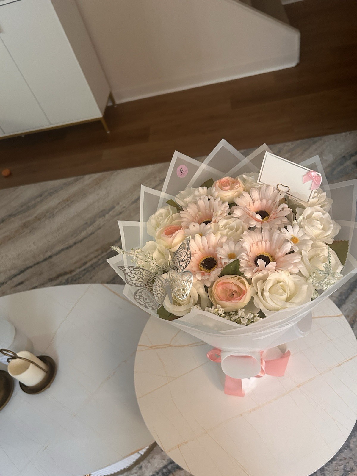 Artificial Pink & White Rose and Gerbera Daisy Flower Bouquet Bunch