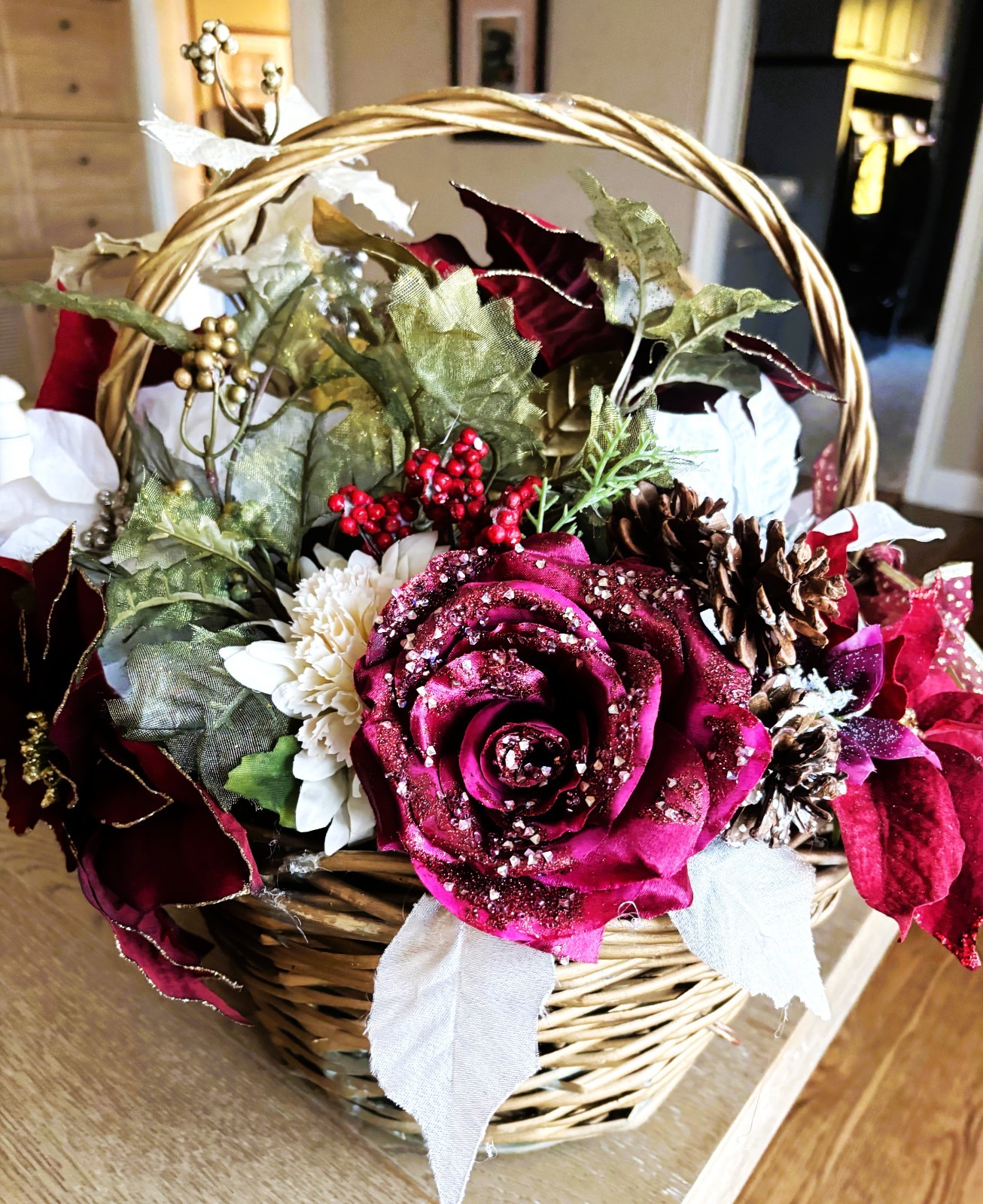 Burgundy and Gold Flower Christmas Basket