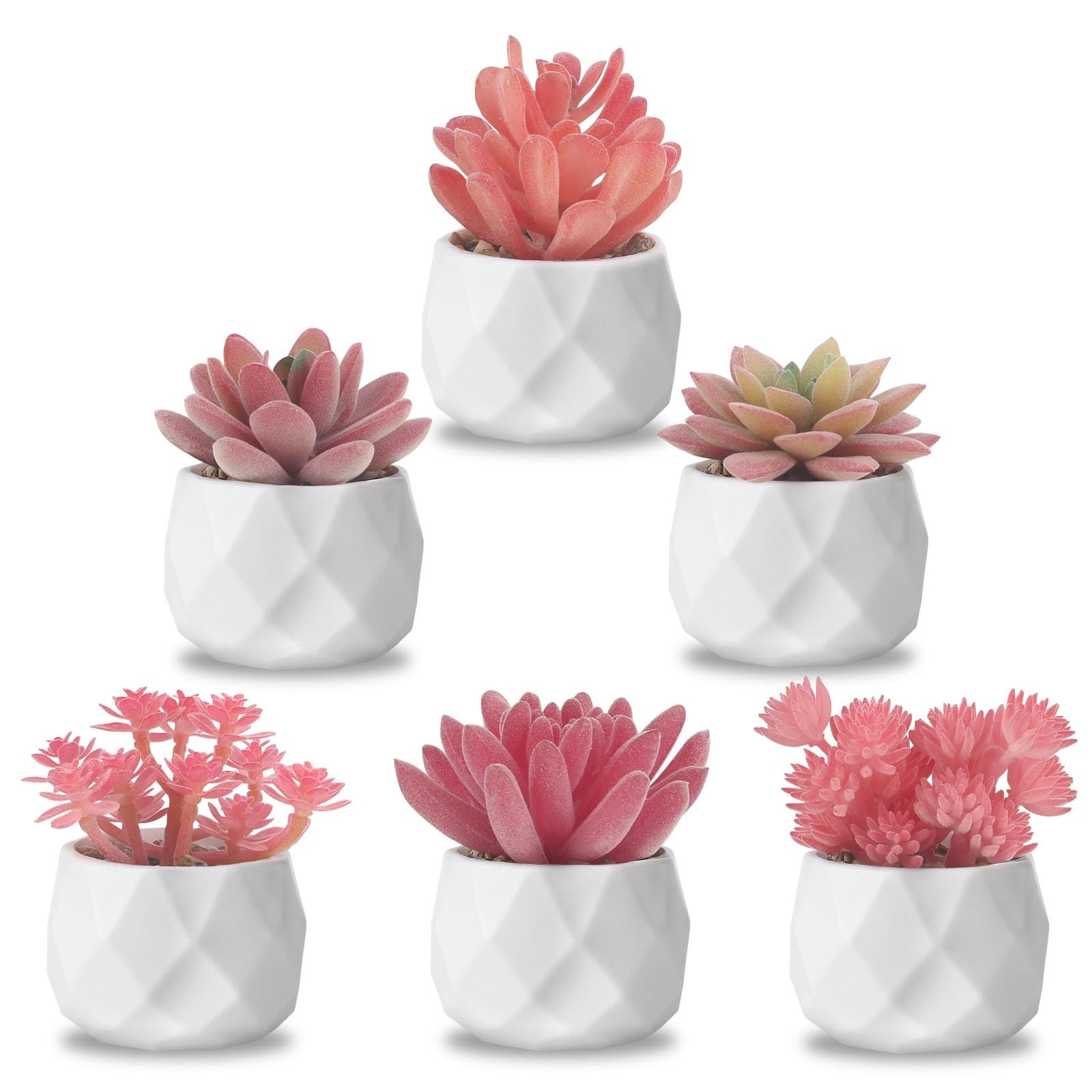 6 PCS Fake Succulent Plant Set Colorful Faux Succulents Plastic Pots Pink