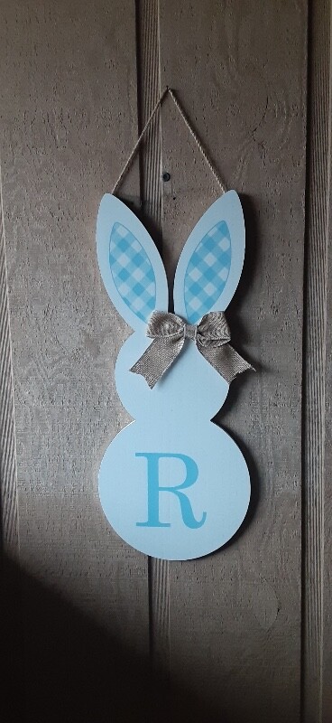 Kirkland Bunny, white, letter R in light blue, New, 28”tall 