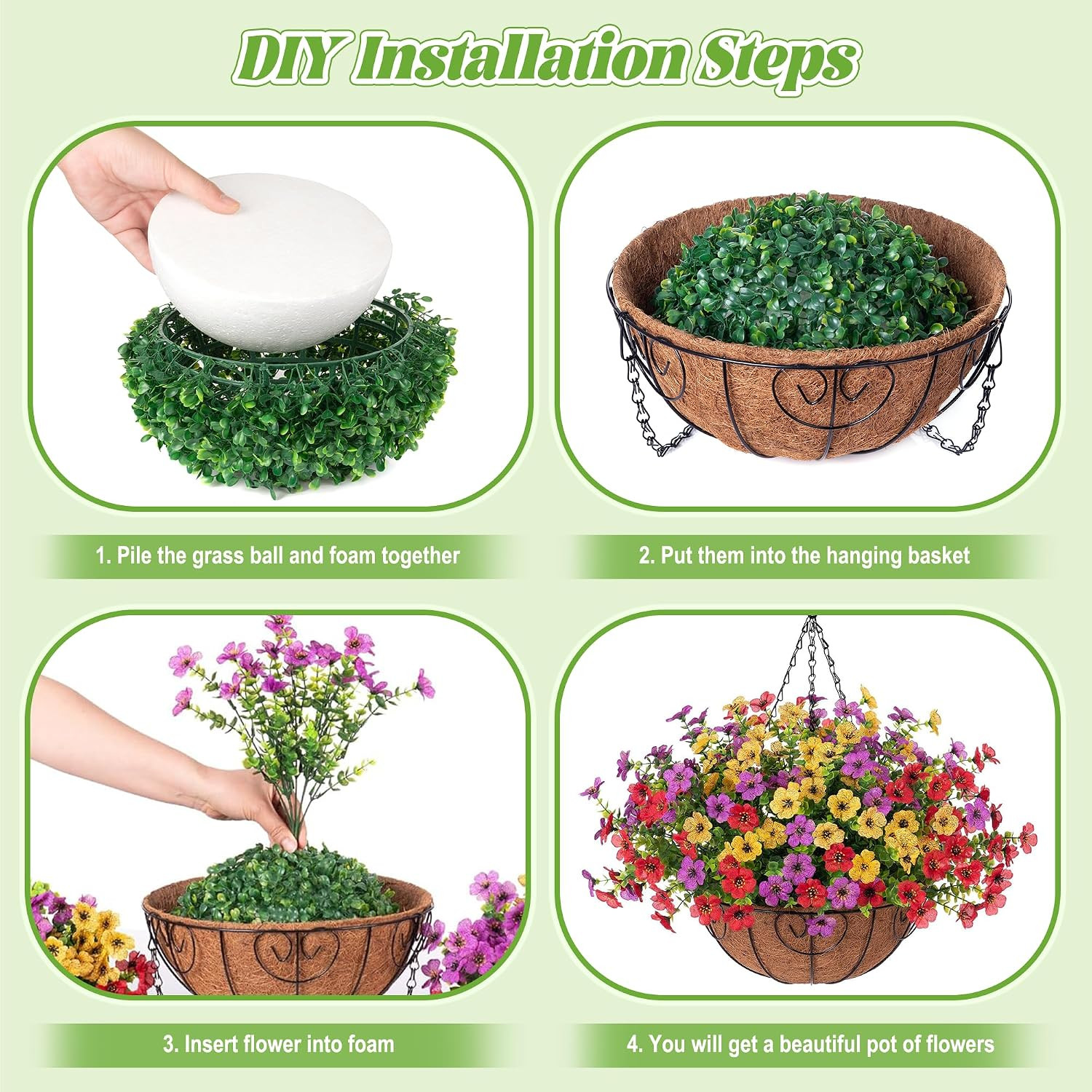 Artificial Faux Hanging Plants Flowers Basket for Spring Outdoor Decoration, Fak