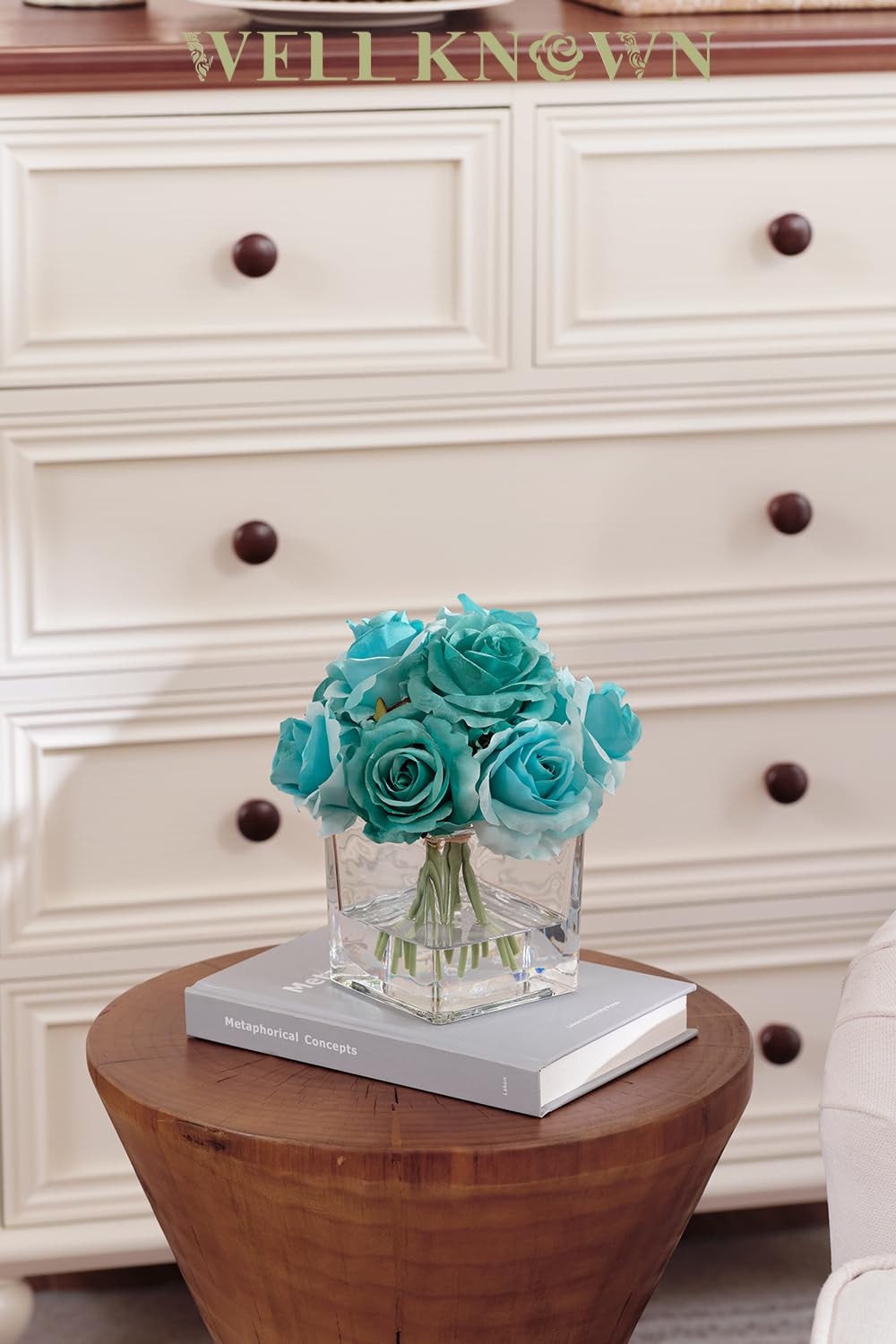 Rose Artificial Flowers Vase Faux Water Silk Centerpieces Home Decor Teal Blue