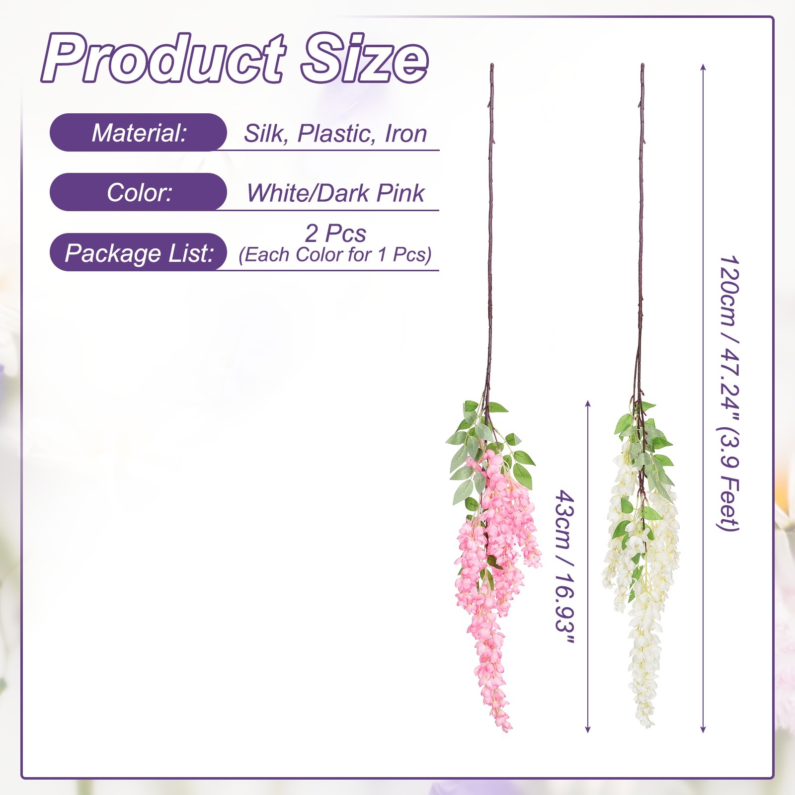2 Pcs Artificial Wisteria Hanging Flower 3.9 ft Fake Hang Floral White/Dark Pink