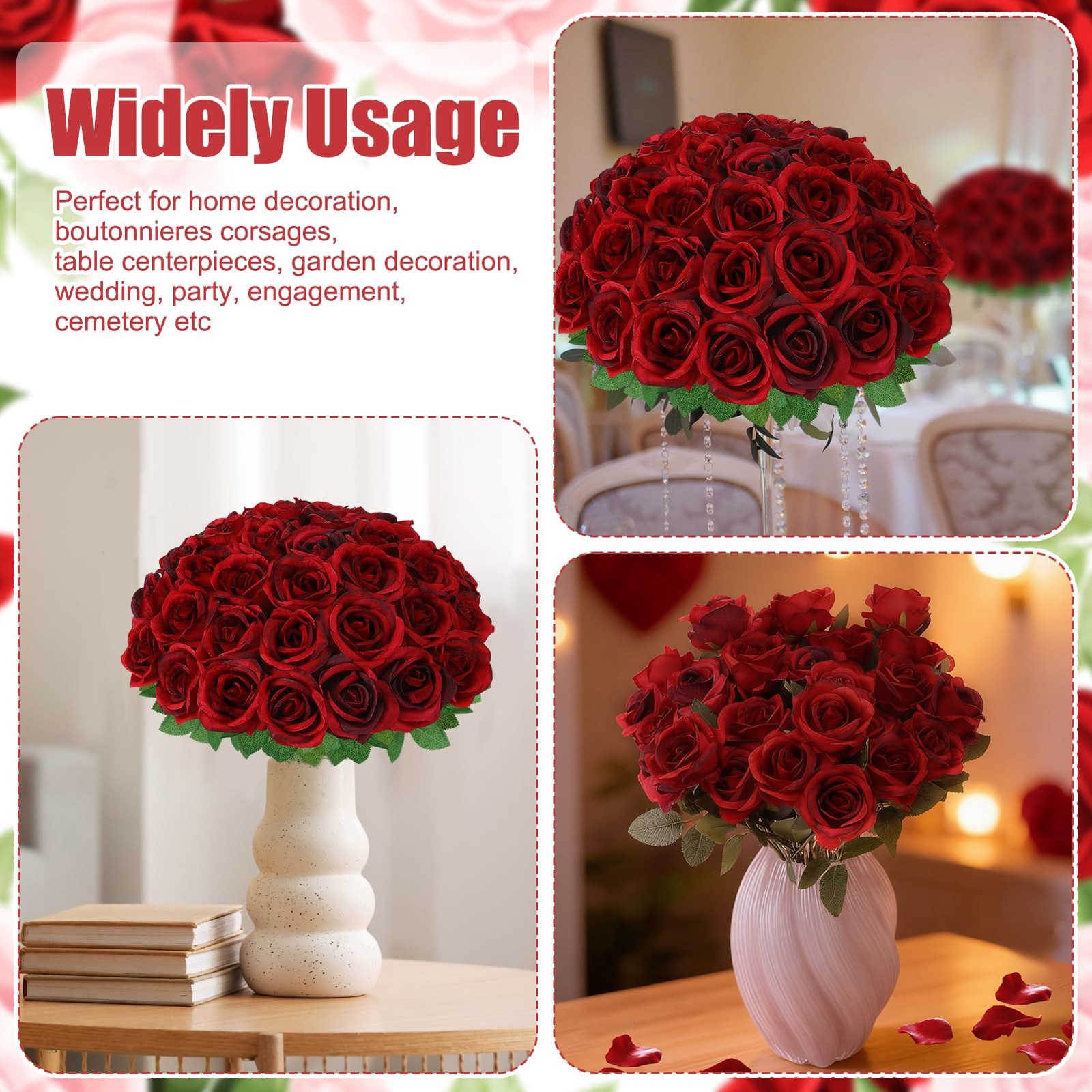 36 Pcs Burgundy Artificial Roses with Long Stems, Fake Silk Rose Artificial F…