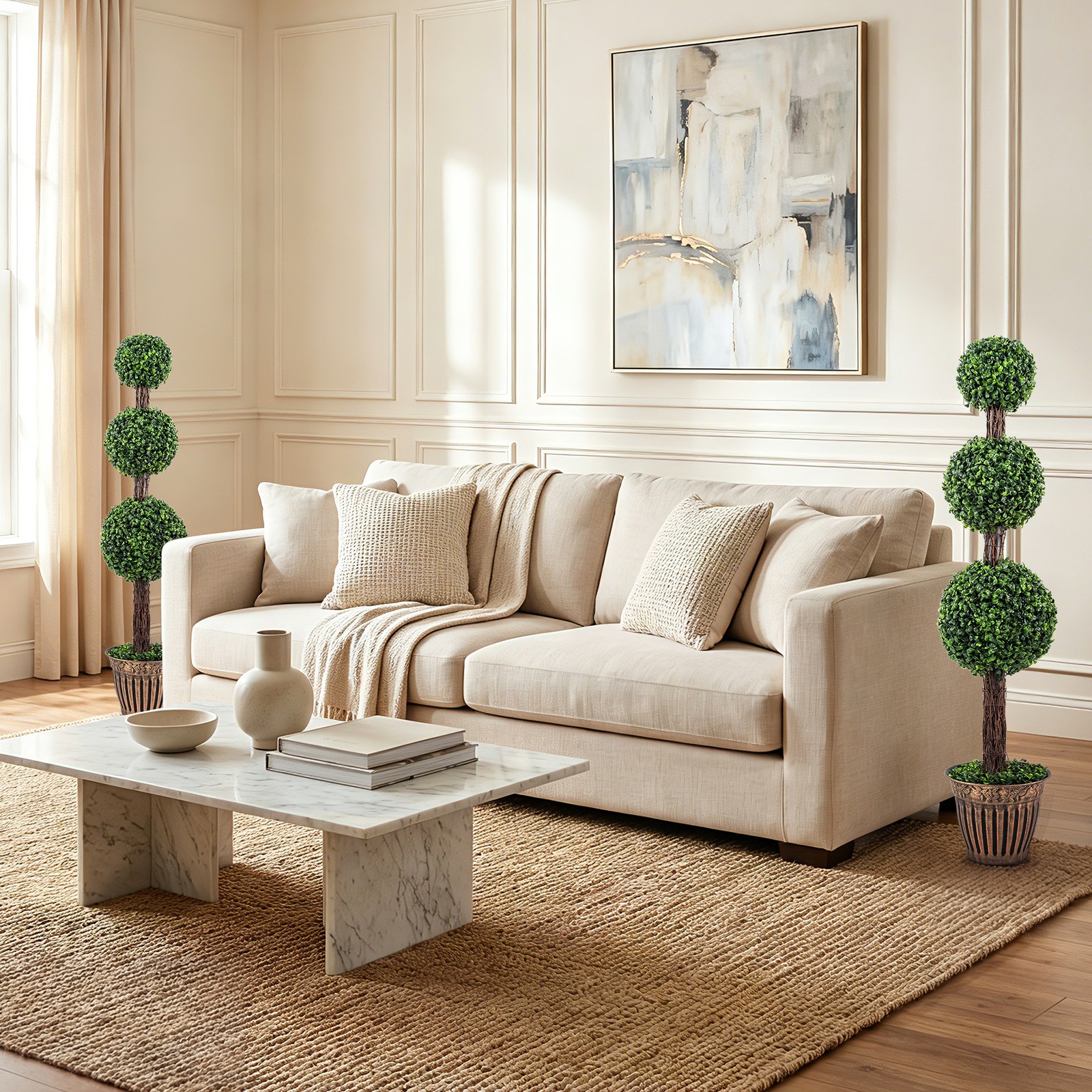 Artificial Triple Ball Boxwood Tree,Fake Topiary w/Cement-filled Retro Planter