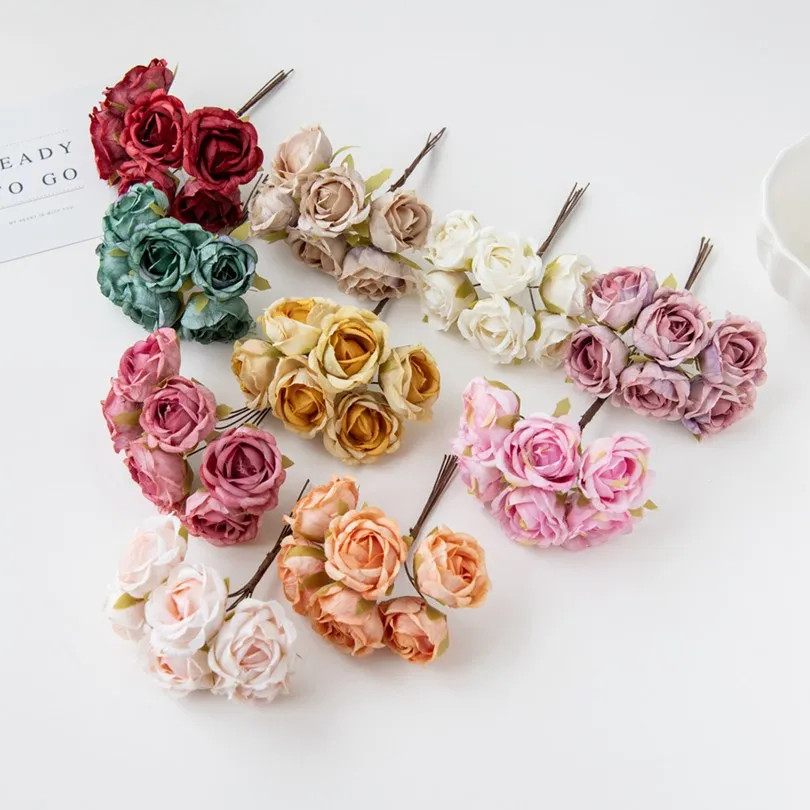 6Pcs Artificial Silk Tea Rose Mini Bouquet for Wedding Christmas Diy Home Decor