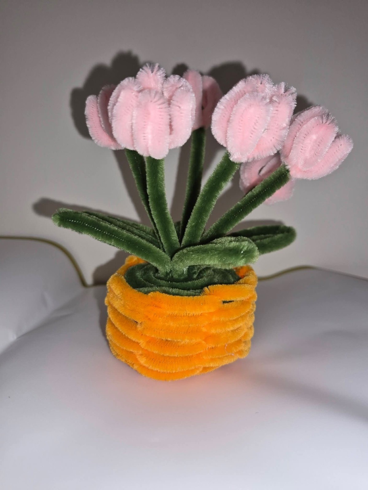 Artificial Pink Tulip Potted Arrangement Centerpiece, Orange Pot