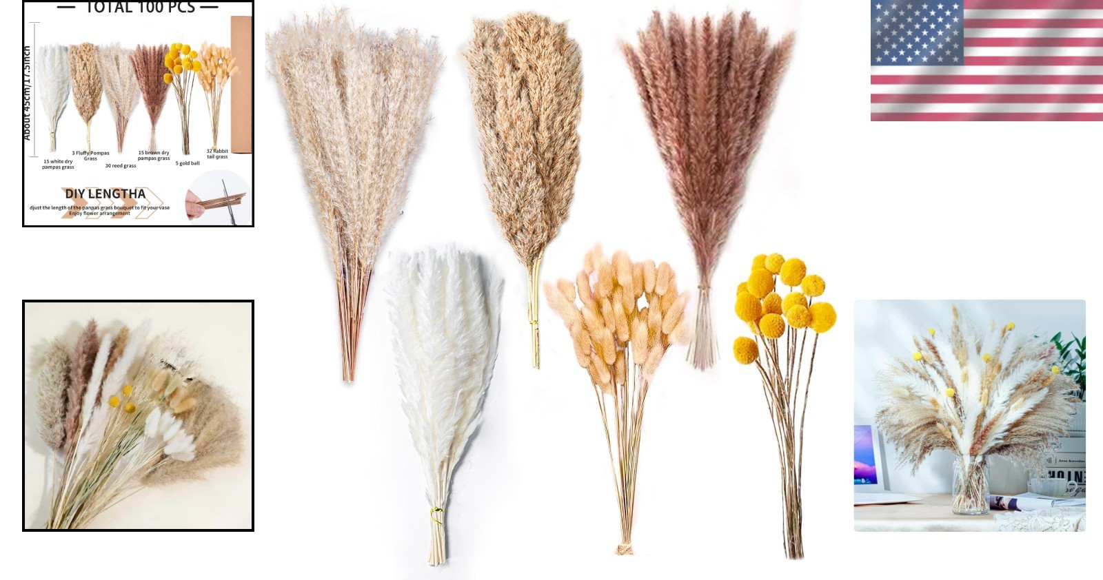 Fluffy Pampas Grass Set – 100PCS Assorted, 17.5” for Effortless Boho Style