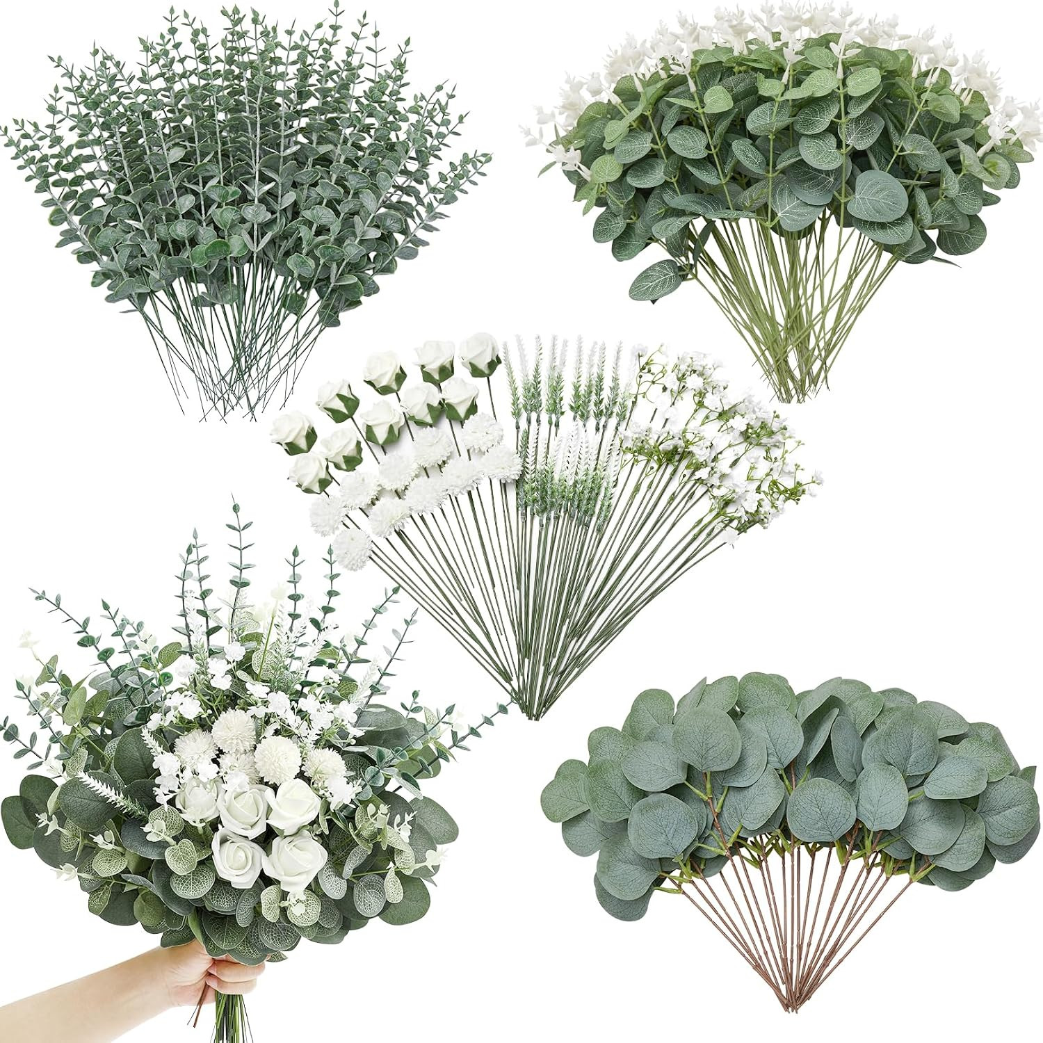100Pcs Artificial Greenery Stems, Faux Eucalyptus Stems Bulk with Fake Leaves, M