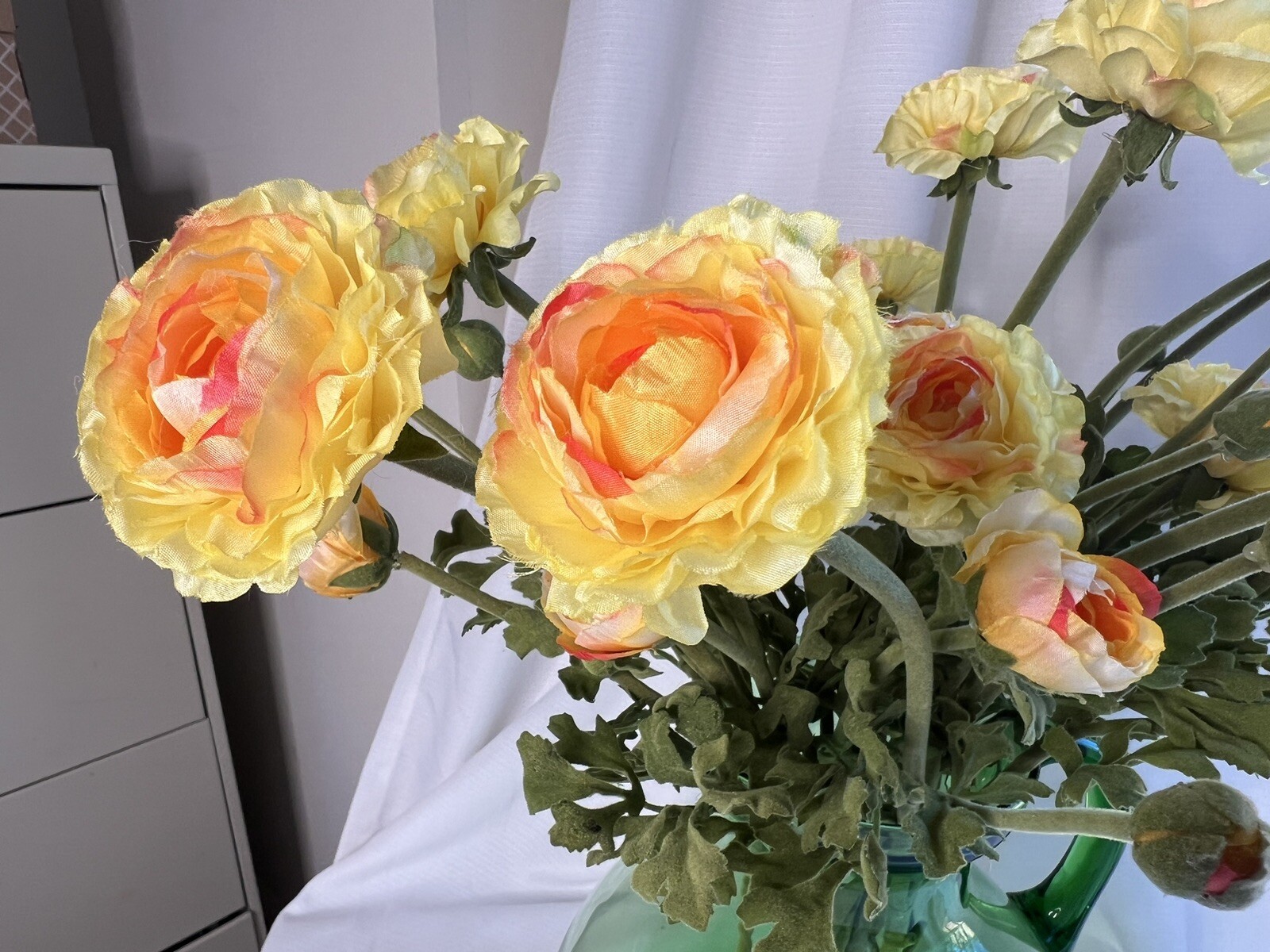 Large Custom Floral Arrangement Realistic Yellow Ranunculus In Green Glass Jug
