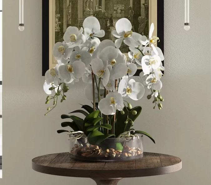 Bayou Breeze Large White Orchid Arrangement Centerpiece in Glass Bowl Rocks