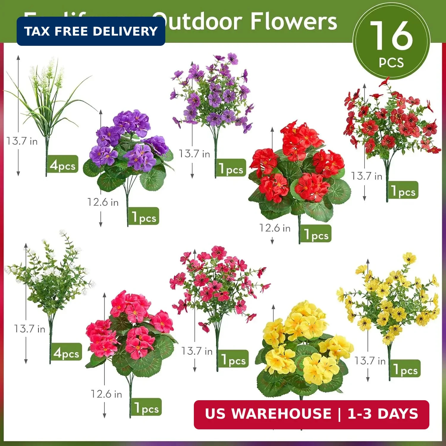 16 Bundles Artificial Flowers for Outdoors, UV Resistant Silk Faux Flowers for O