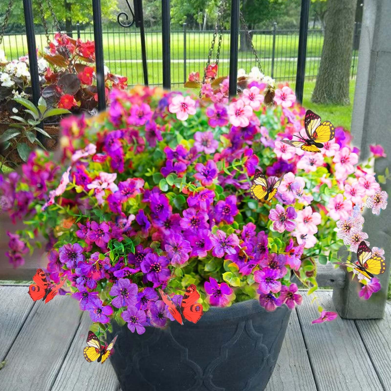 12 Bundles Fuchsia+Pink Artificial Flowers for Outdoors Plants for Garden Porch