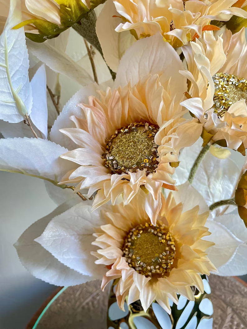Peach Sunflowers Floral Arrangement: Fancy Table Centerpiece, Modern Home Decor