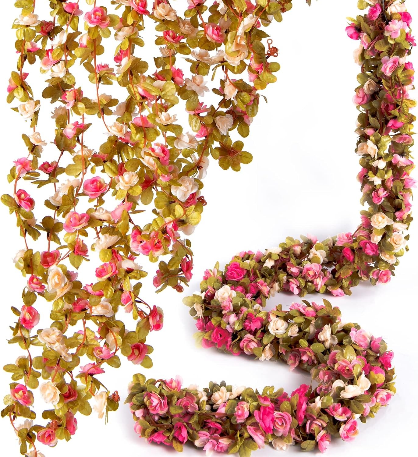 8 Pcs 8.2′ Artificial Rose Garland, Pink Flower Vine Faux Hanging Decor