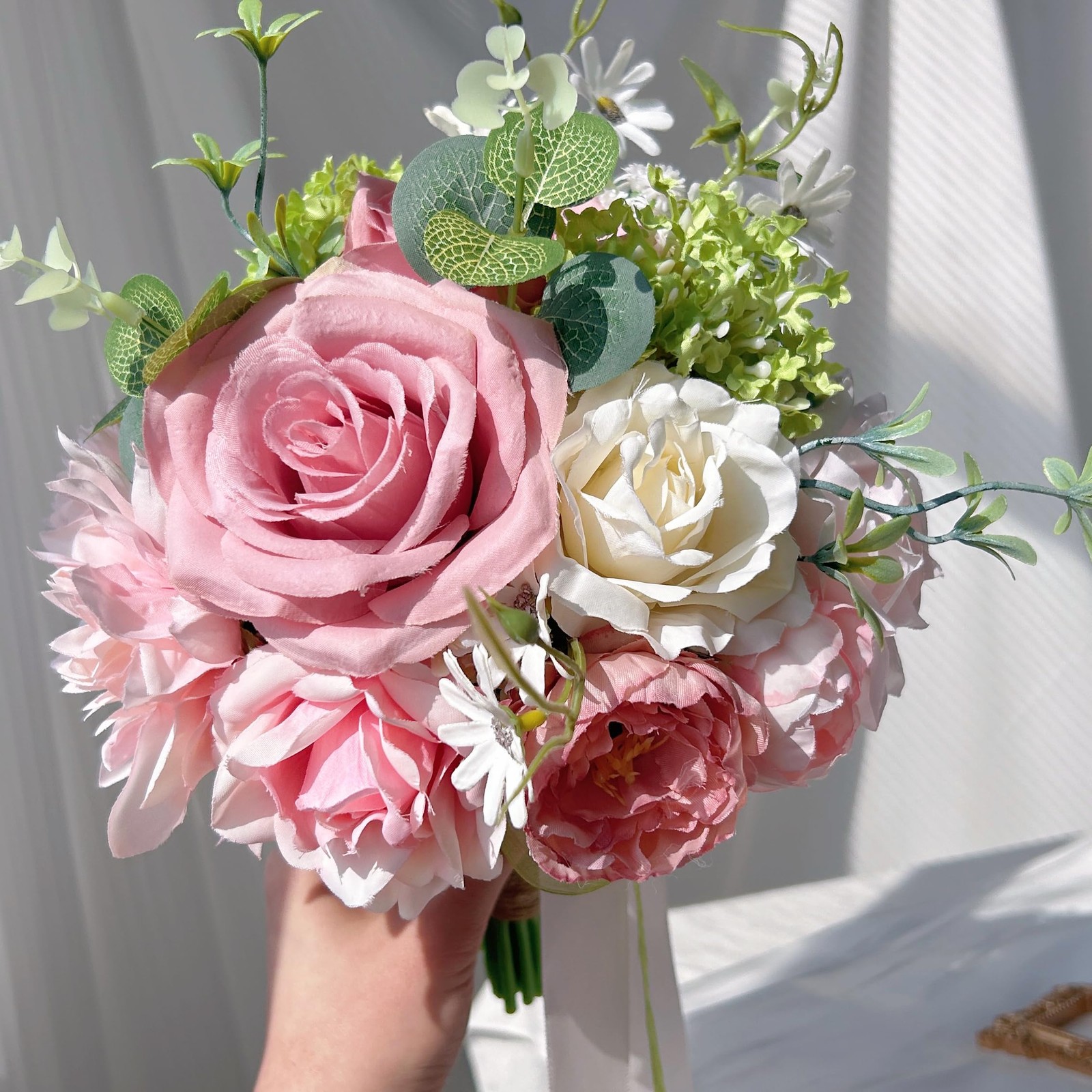 8.6in Blush Wedding Bouquets for Bride Bridesmaid, Pastel Pink White Green Bo…