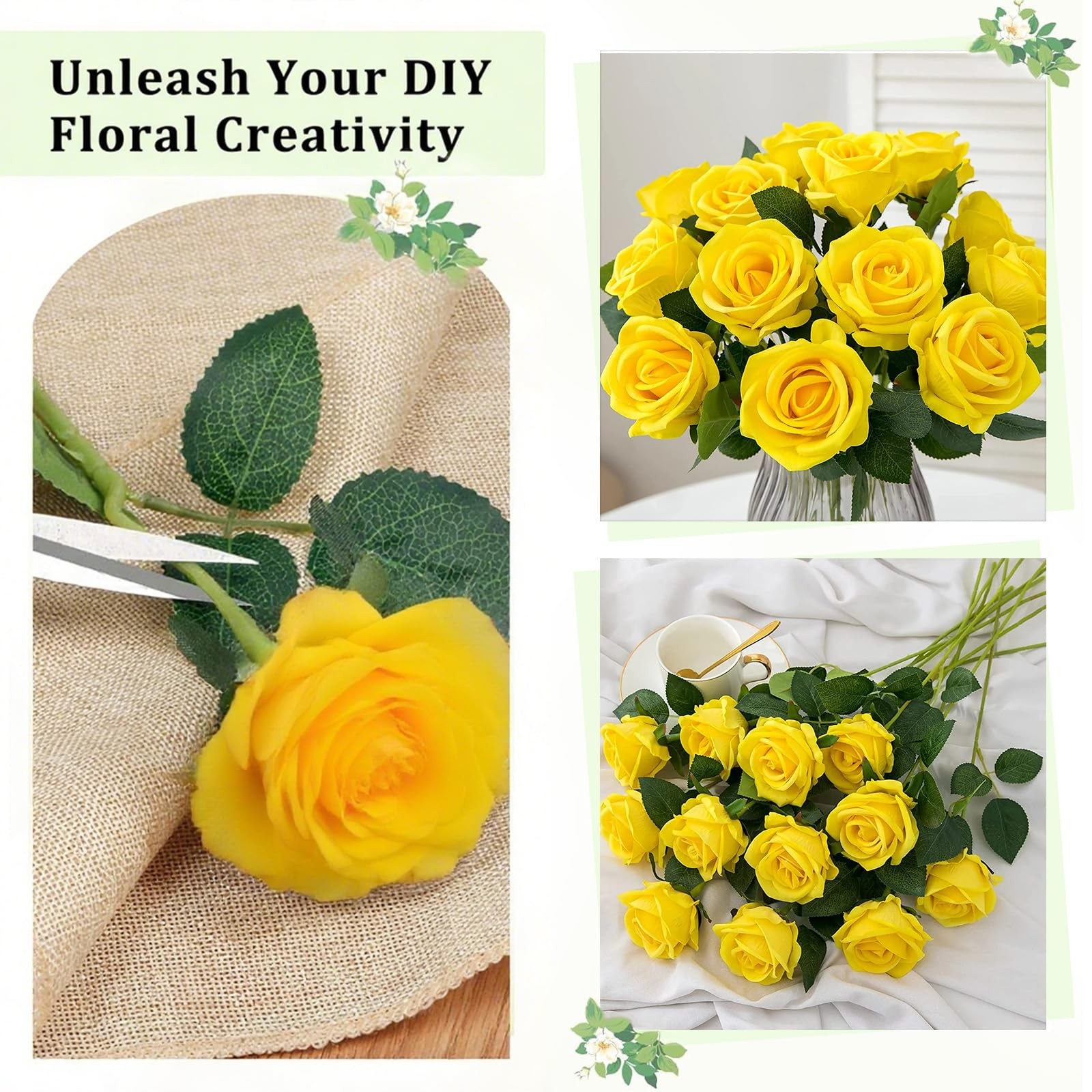 Yellow Roses Artificial Flowers 15 PCS, Fake Roses Silk Flowers with Long Ste…