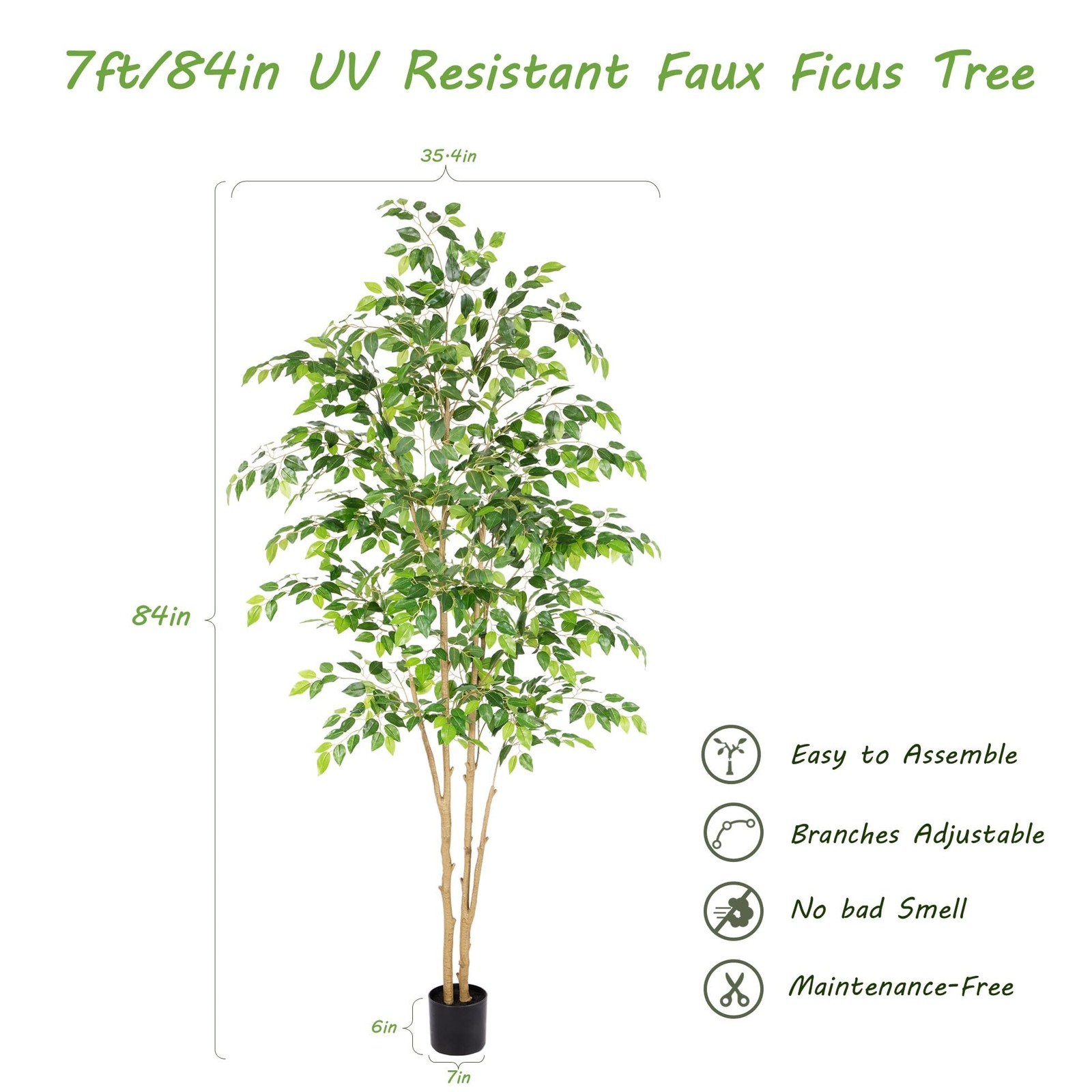 Tall UV Resistant Ficus Tree Artificial，7ft(84in) Realistic Texture Potted Fa…