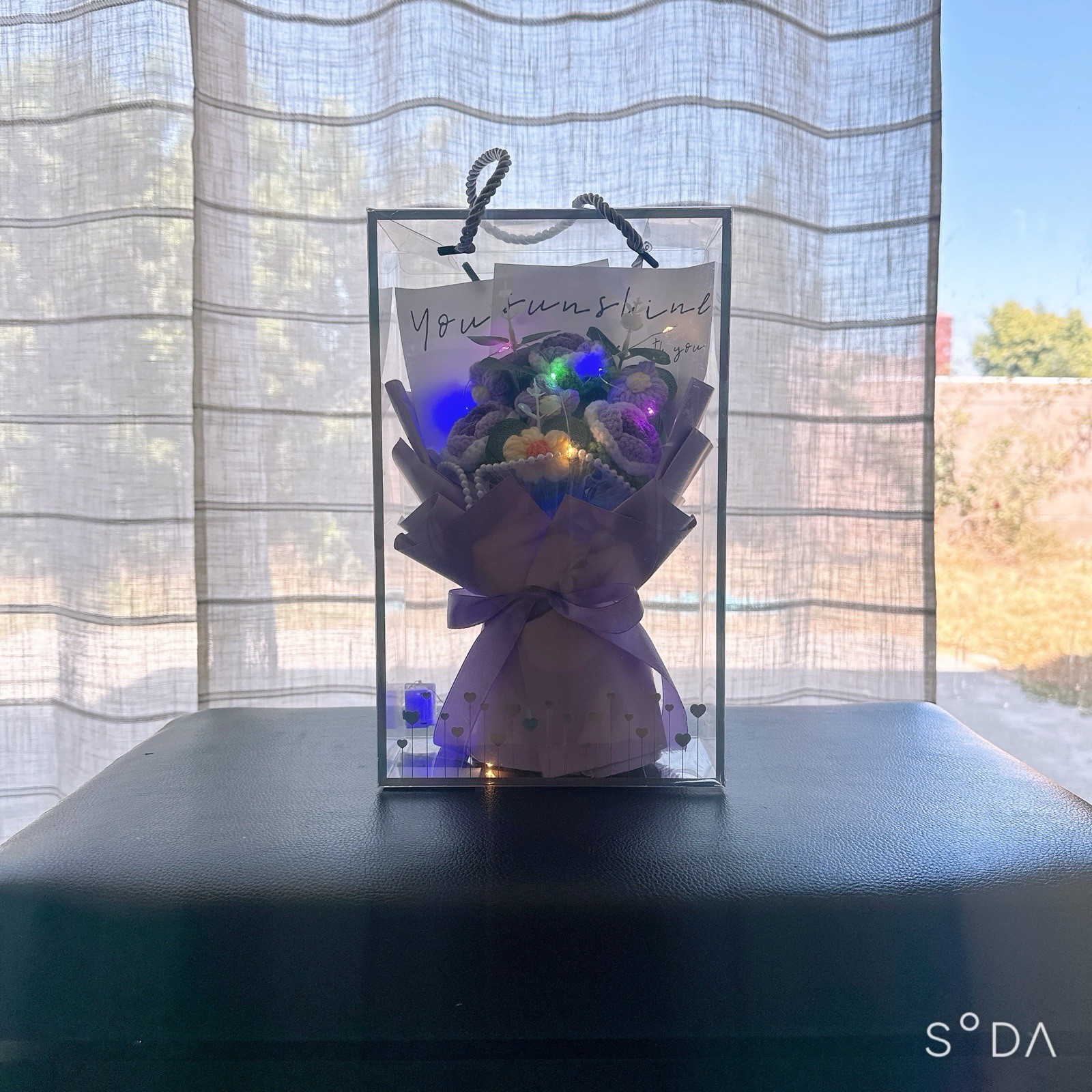 Artificial Flower Bouquet w/ LED Lights, Clear Gift Box & Ribbon, Pink/Purple