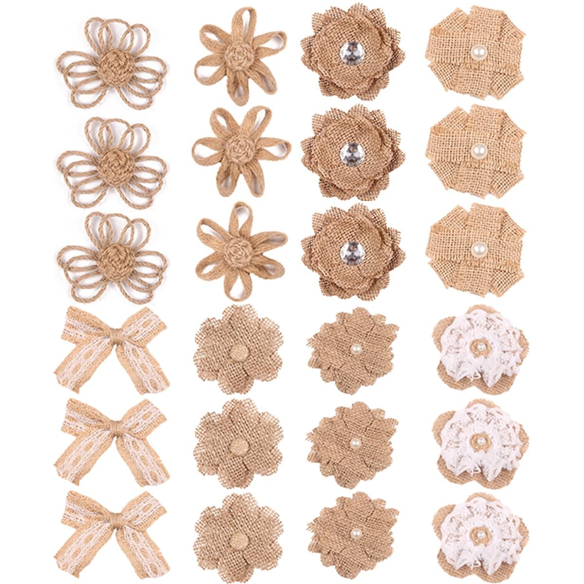 24PCS Burlap Hessian Flowers Set, Natural Rustic Rose Flowers Handmade Bowkno…