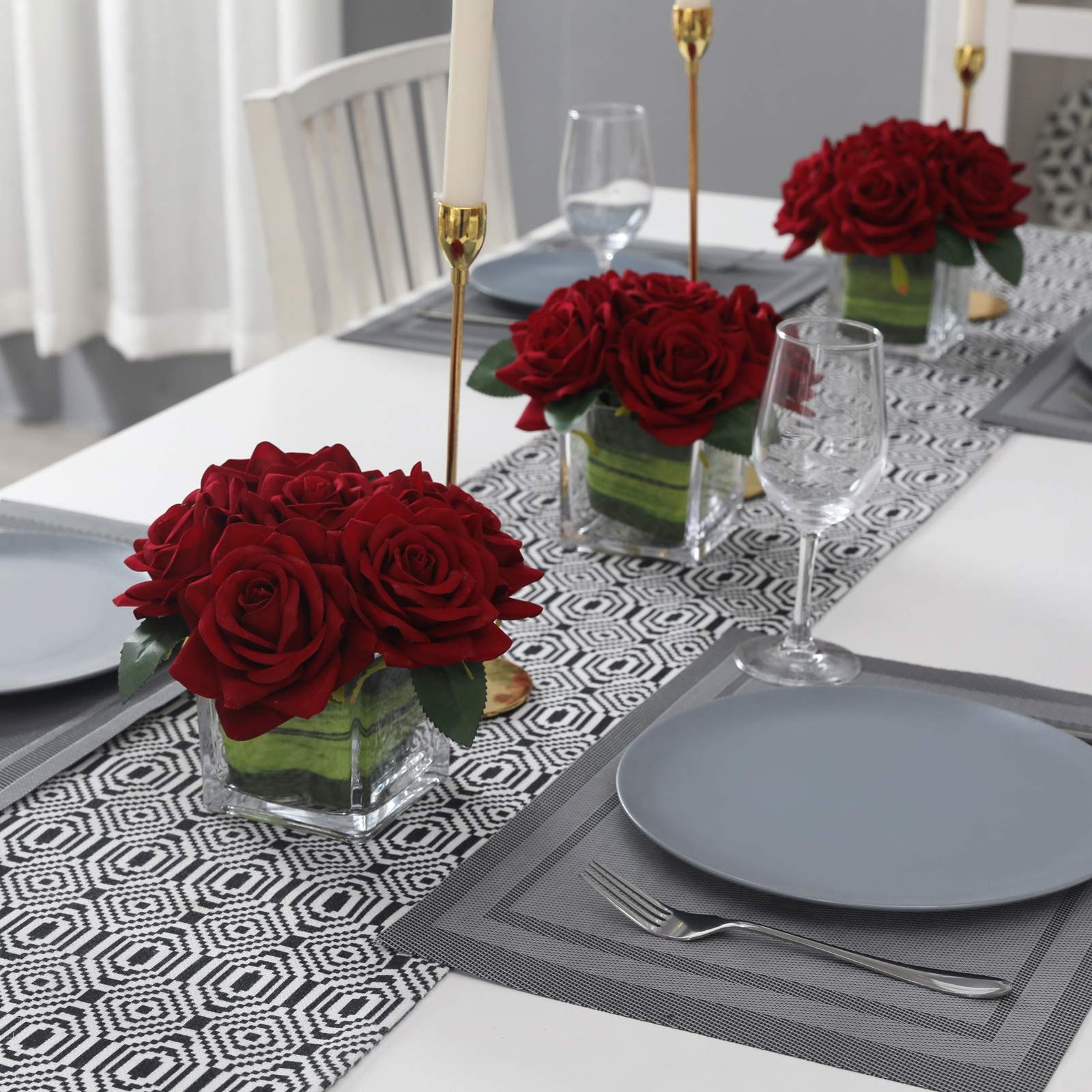 Artificial Velvet Rose Flower Centerpiece Arrangement in vase for Home Weddin…