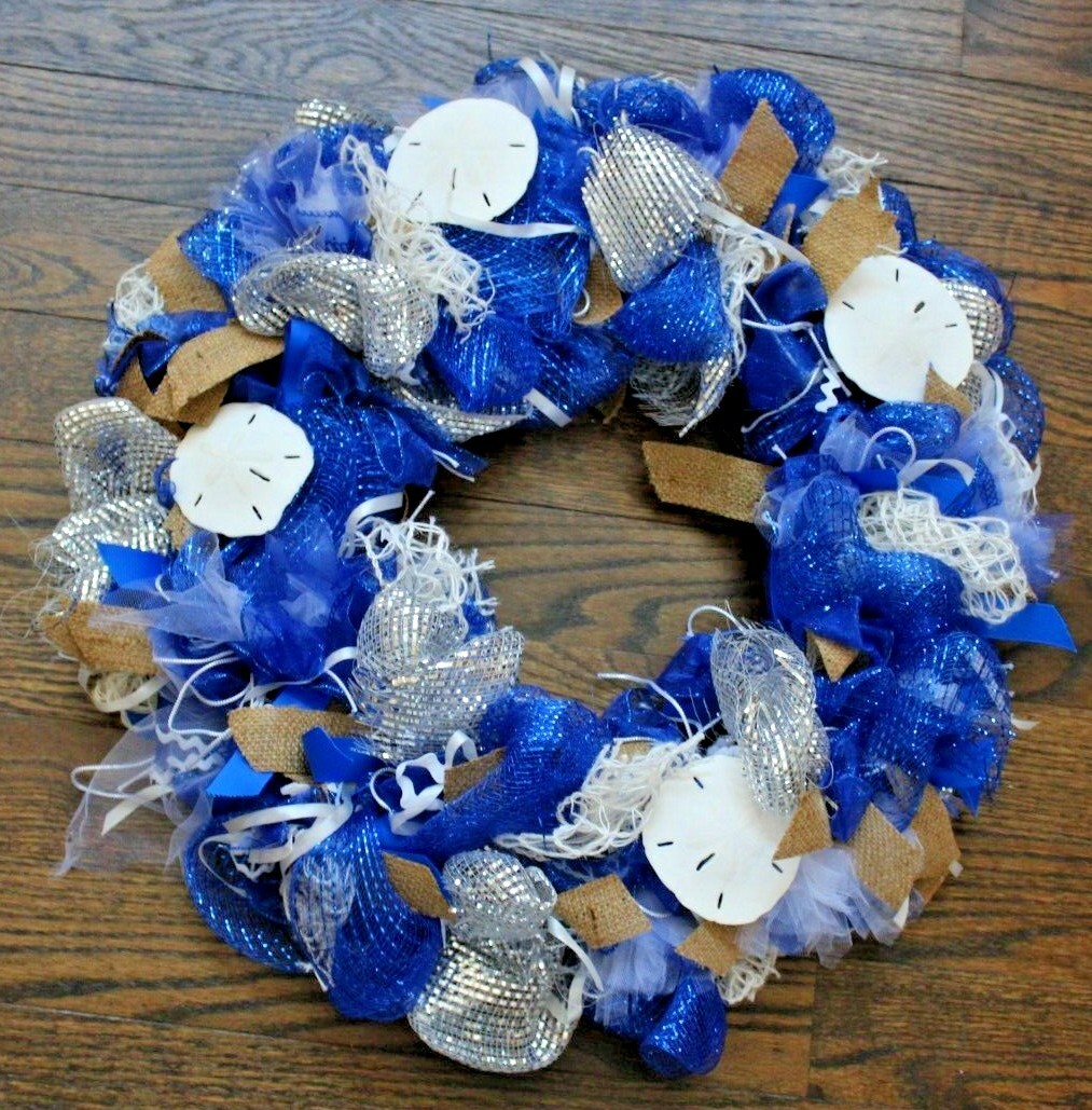All Occasion Sea Ocean Beach Sand Dollar Door Wreath Blue Silver White 25″ dia