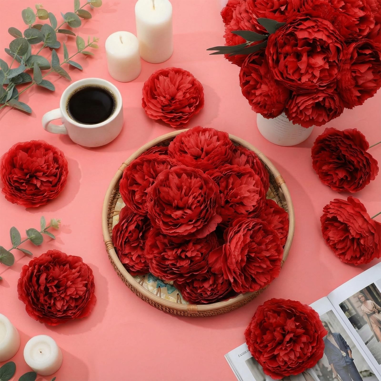50 PCS Artificial Peony Rose Flowers Heads 4.7 Inch Silk Fake Bridal Red