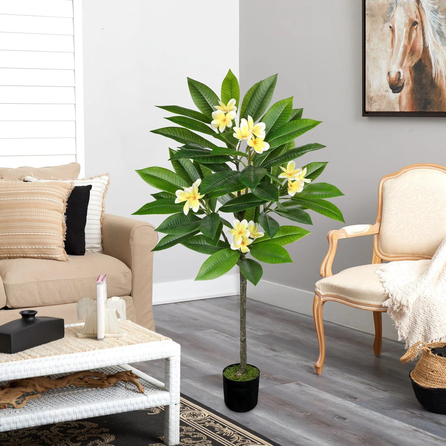 Artificial Plants Indoor 4.17ft Fake Tropical Plumeria Flowers Tree in Black Pot