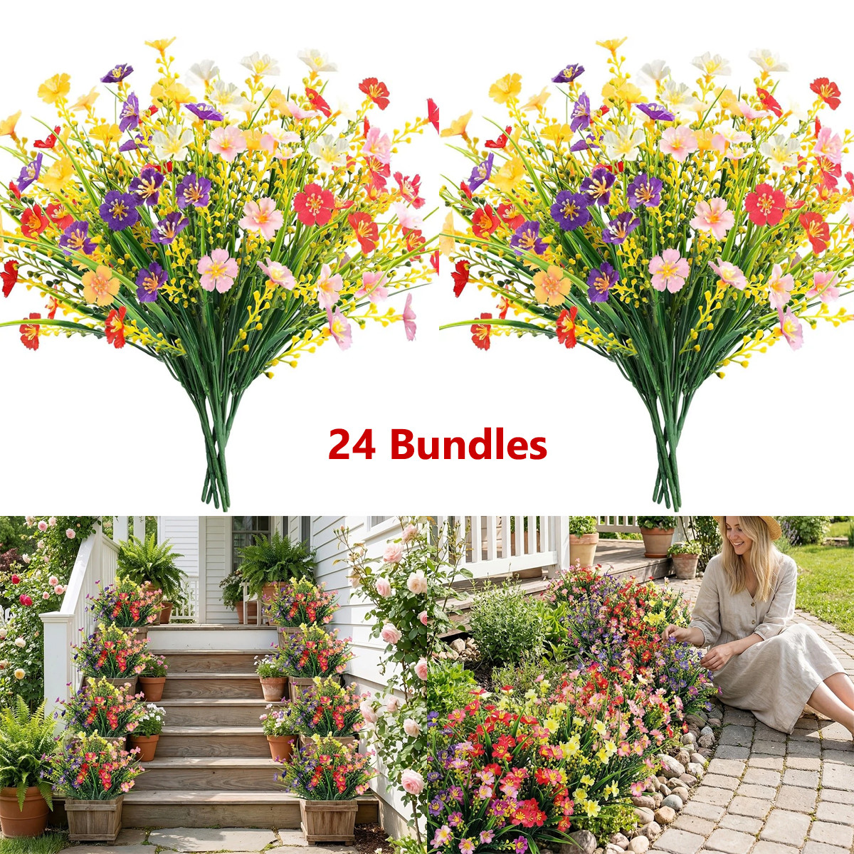 24 Bundles Artificial Plastic Flowers Outdoor UV Resistant Fake Hanging Plants