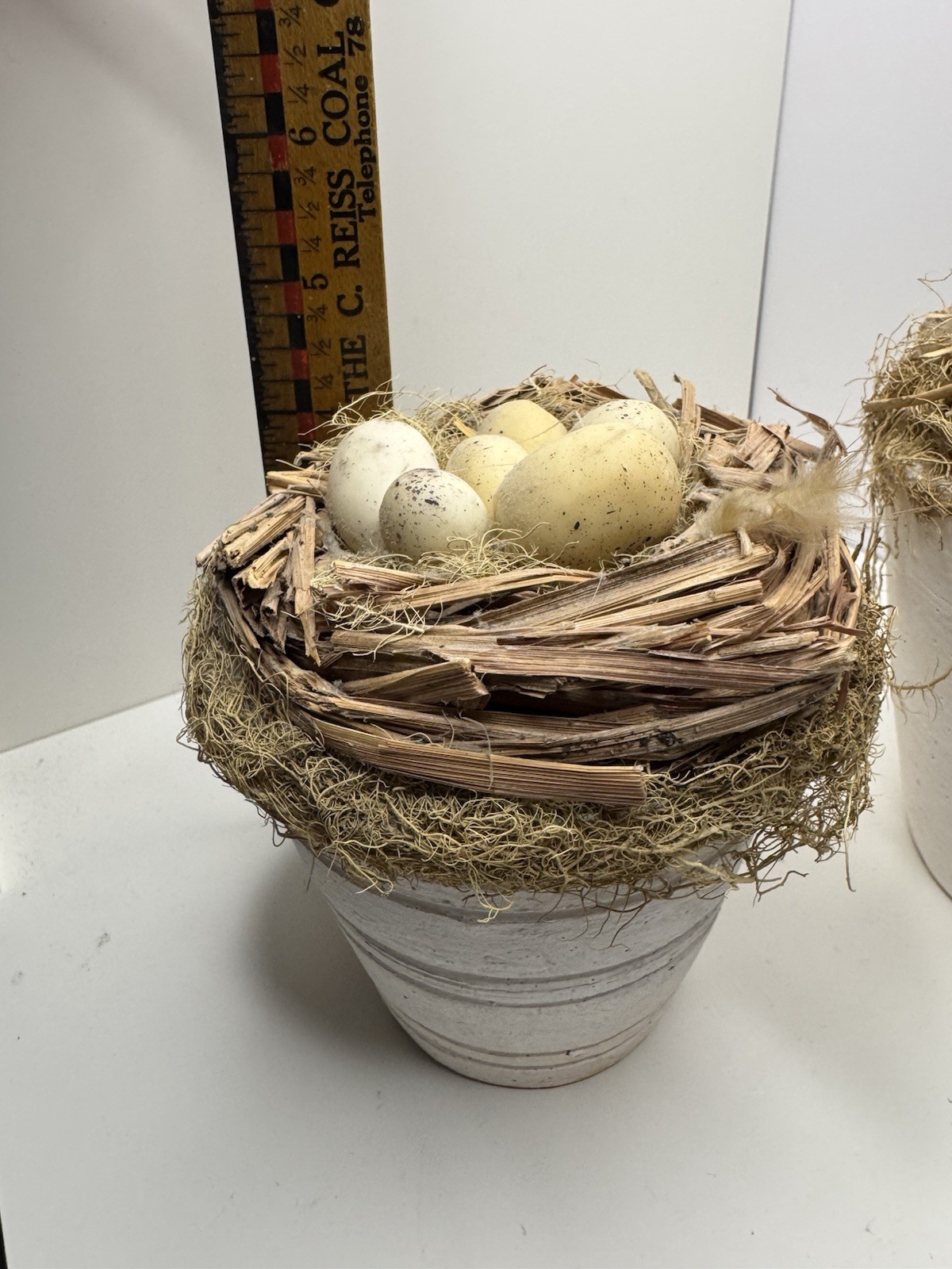 Artificial Bird Nest Planter with Faux Eggs, Feathers, White Base, Spring Decor