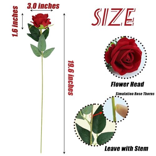 15PCS Roses Artificial Silk Flowers Fake Roses Bouquet with Long Stem Real Red