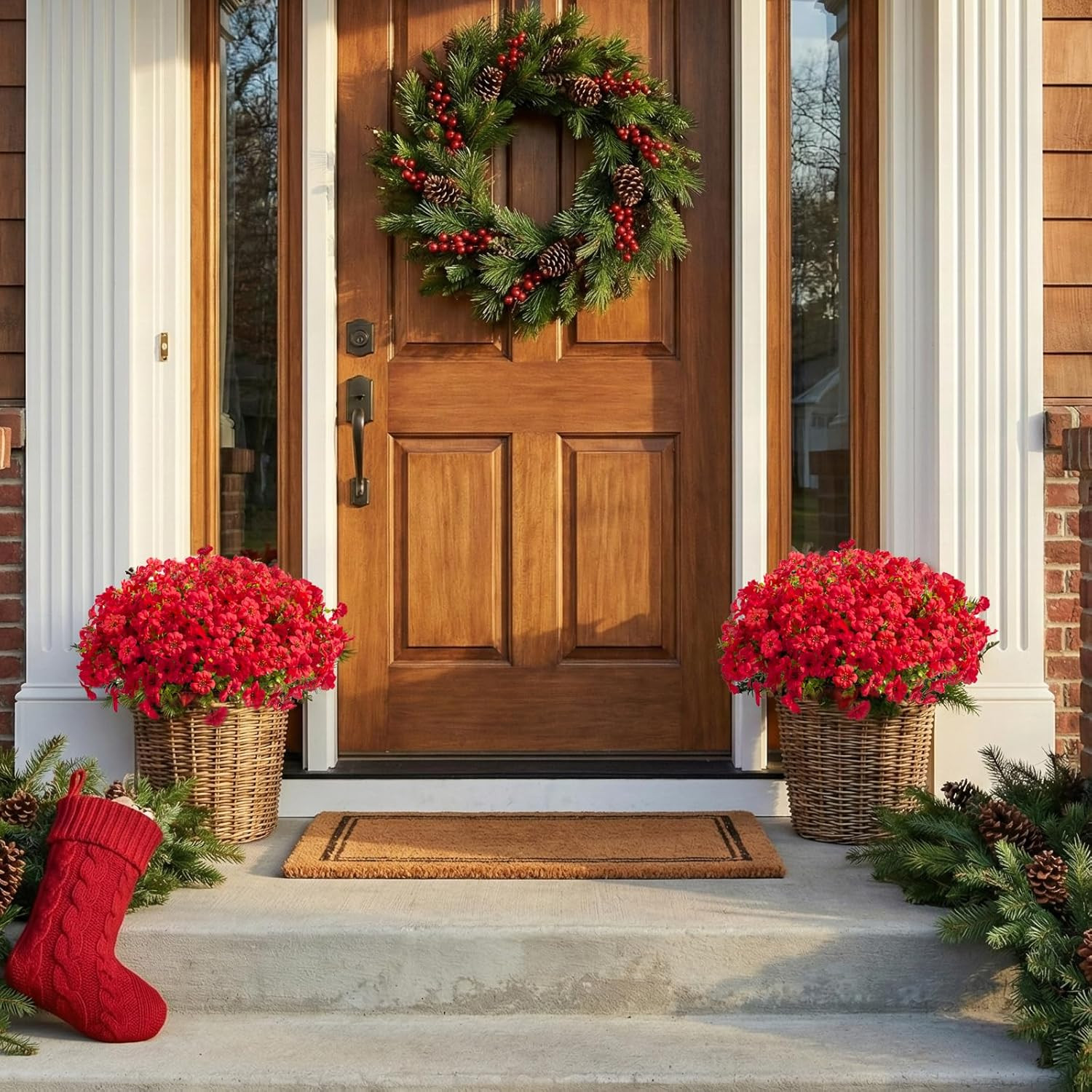 24 Pcs Red Artificial Flowers in Hanging Baskets for Outdoor Decor – 2 Pack
