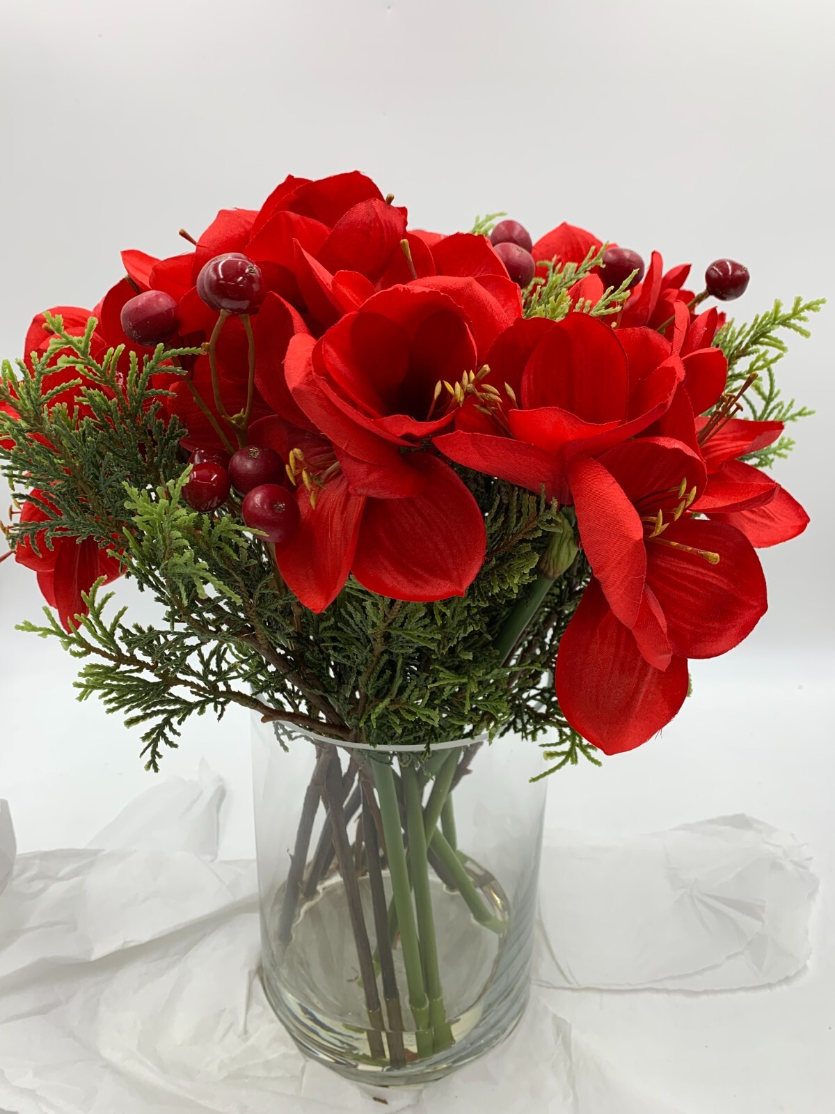 Pottery Barn Faux Amaryllis Floral Composed Holiday Arrangement Red 17″ #4527A