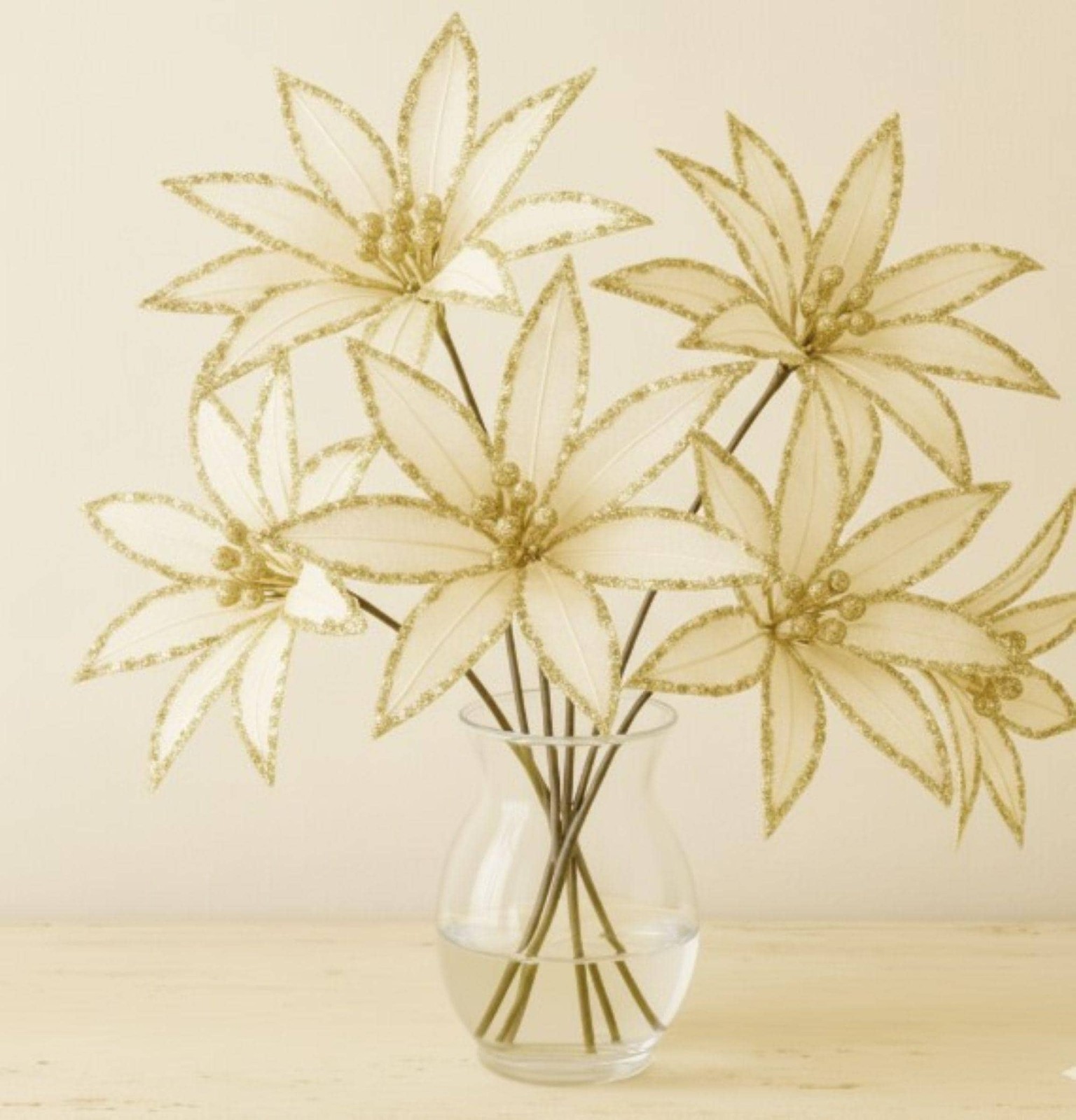 Glitz Sheer Wired Poinsettia Stem – Ivory/Gold Christmas Holiday Flower Pick