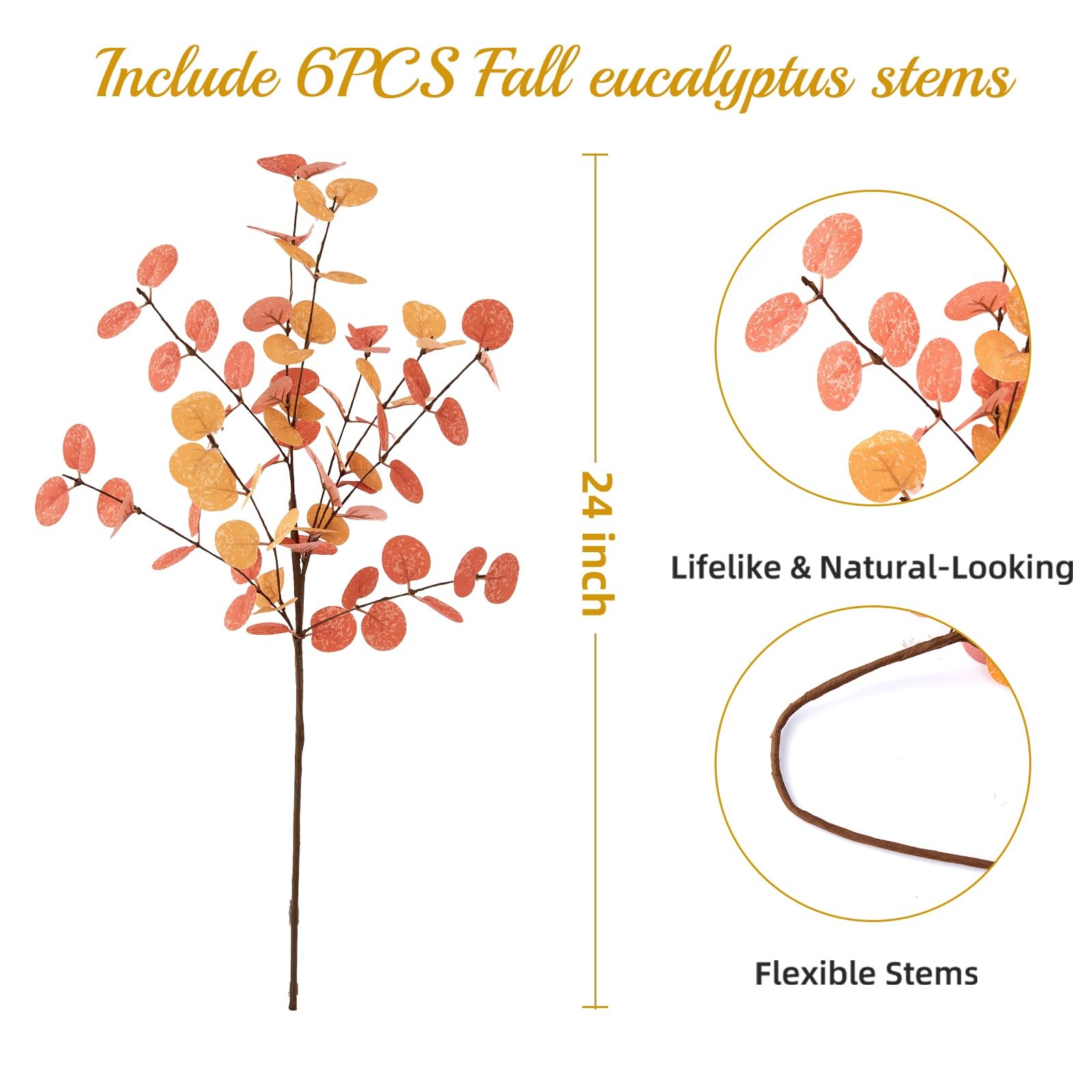 6 PCS Orange Artificial Fall Flowers Stems Autumn Decor, Fake Eucalyptus Leav…