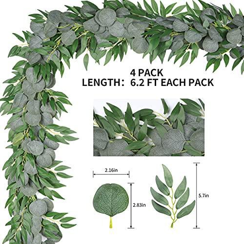 4 Packs 6.5 Feet Artificial Silver Dollar Eucalyptus Leaves Garland with Willow