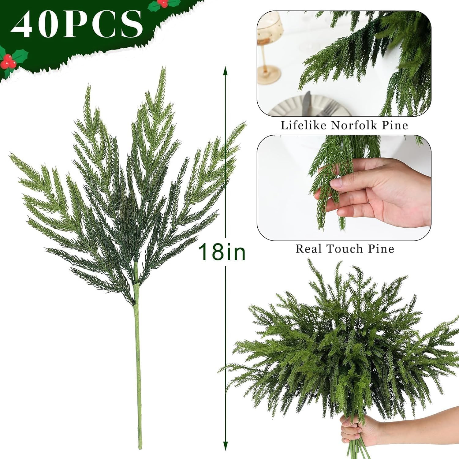 40 Pcs 18″ Realistic Norfolk Pine Branches for Holiday Decor & Crafts