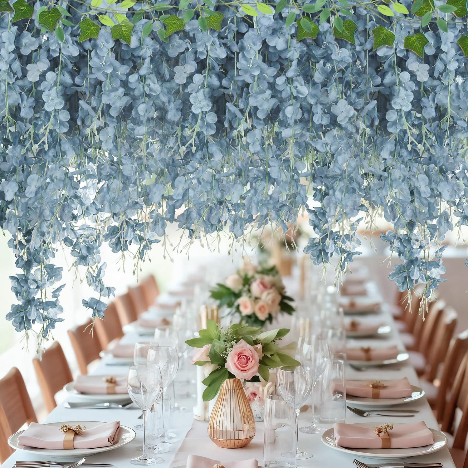 25 Pcs Artificial Wisteria Hanging Flowers 3.6Ft Dusty Blue Fake Hanging Flowers