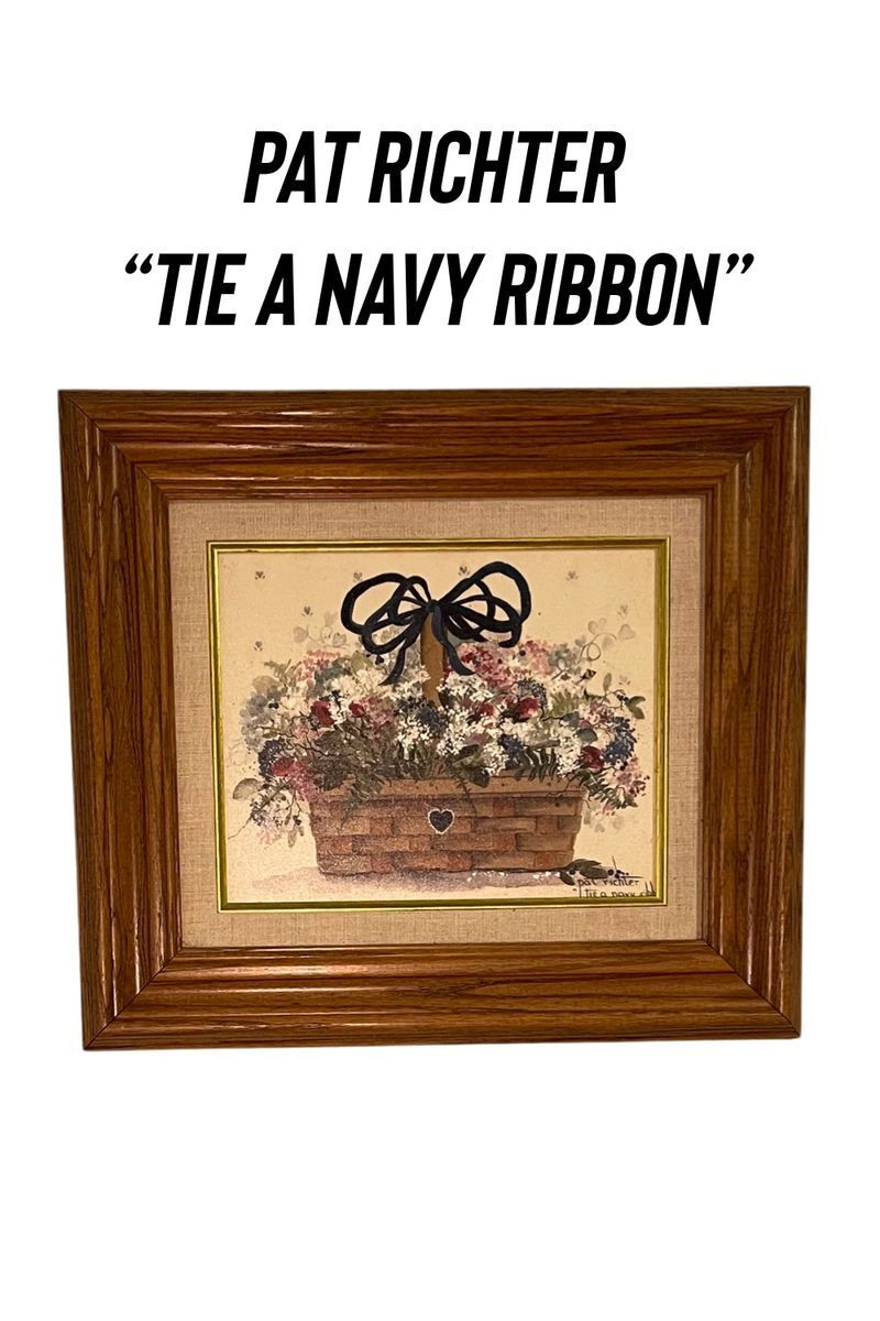 Pat Richter Tie A Navy Ribbon Framed Wall Art Vintage floral artwork wall decor