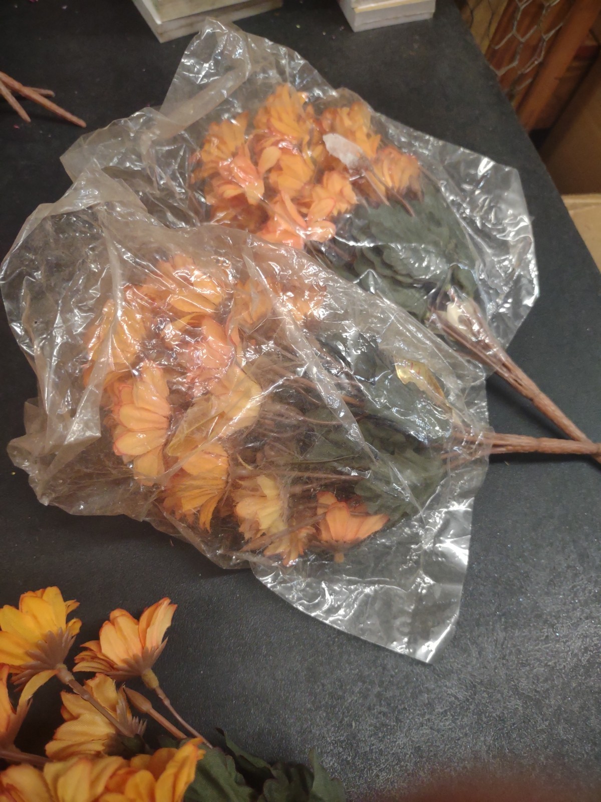 10″ Vintage Silk Mini Daisy Bush, 9 Stems, Butterscotch Peach Orange Daisies