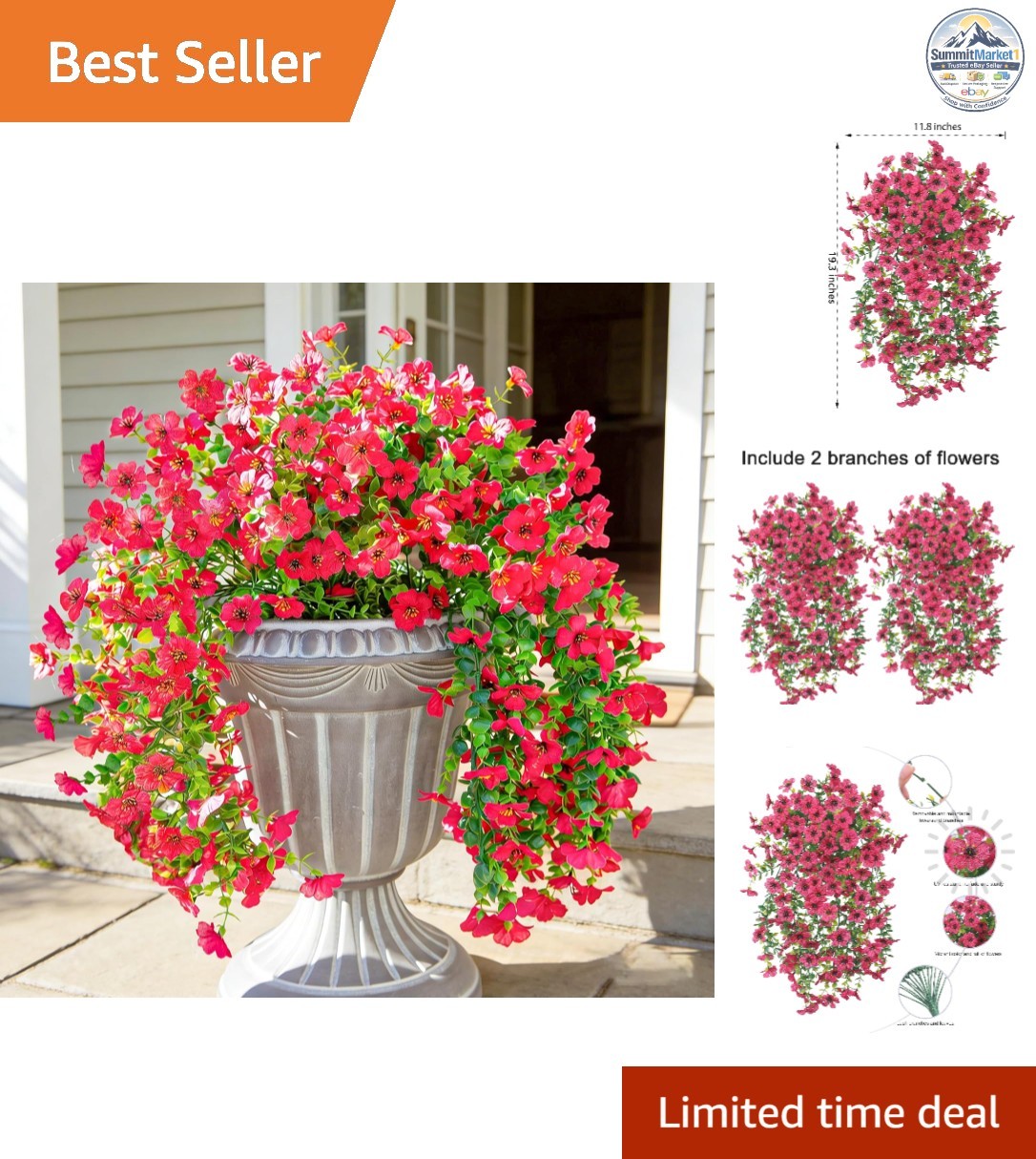 Artificial Flowers Fake Hanging Decoration 2Pcs Hotpink Spring Decor