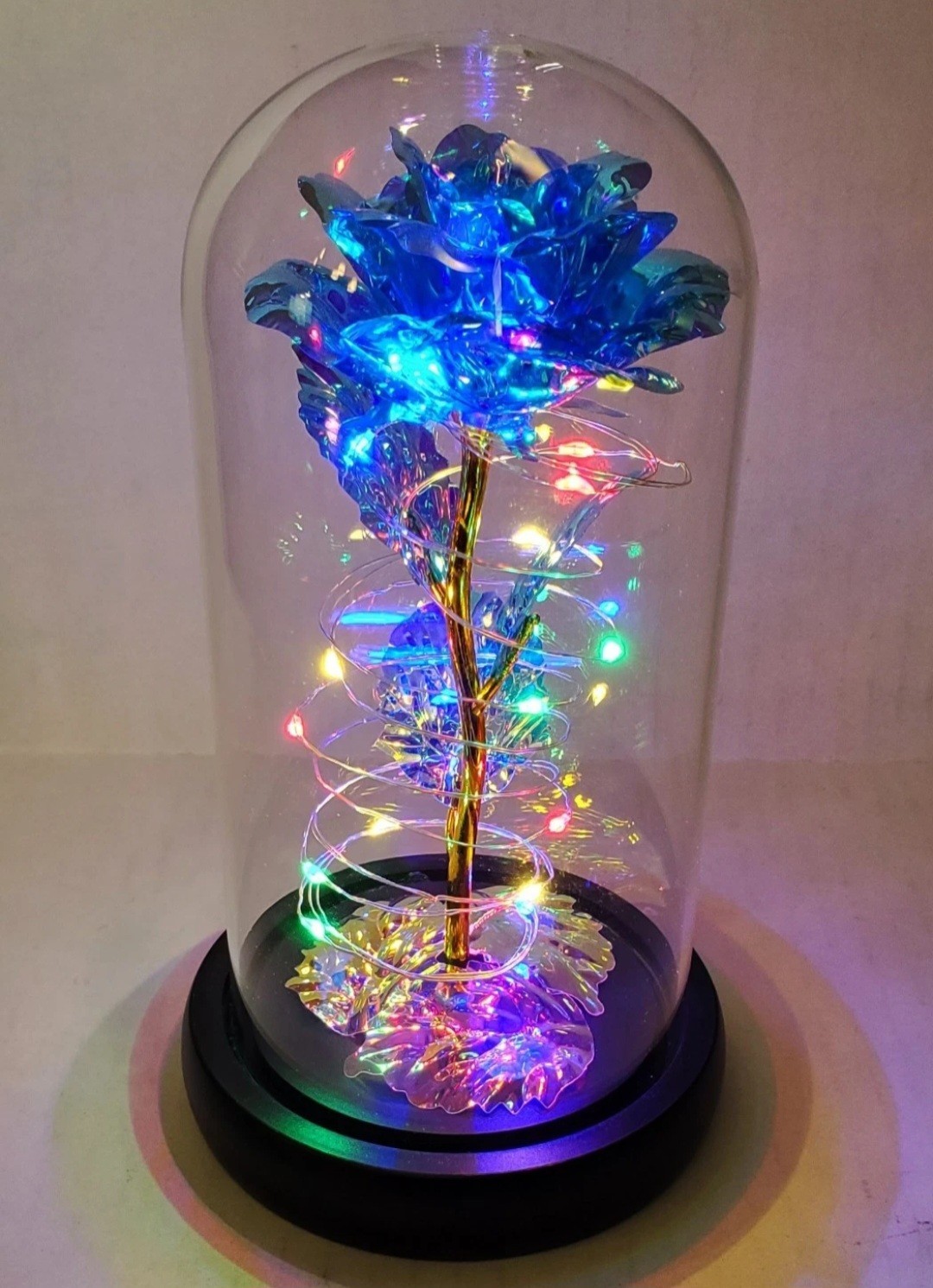 Blue Iridescent Forever Rose In Glass Dome with LED Light in original box.